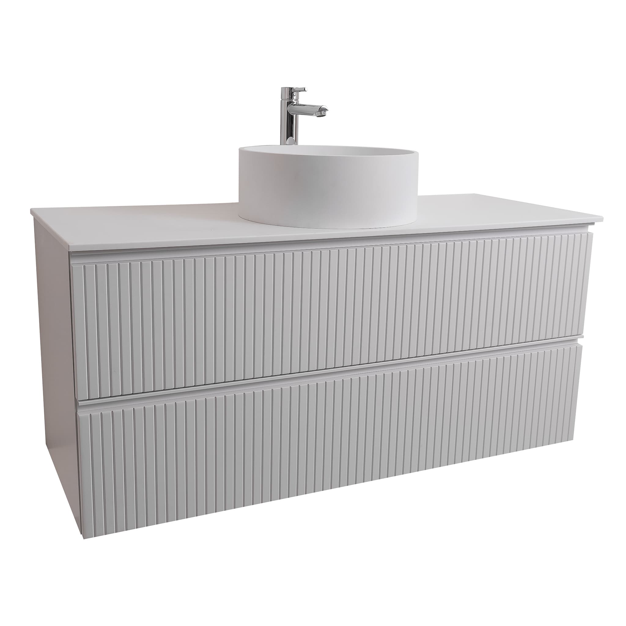 Ares 47.5 Matte White Cabinet, Solid Surface Flat White Counter And Round Solid Surface White Basin 1386, Wall Mounted Modern Vanity Set