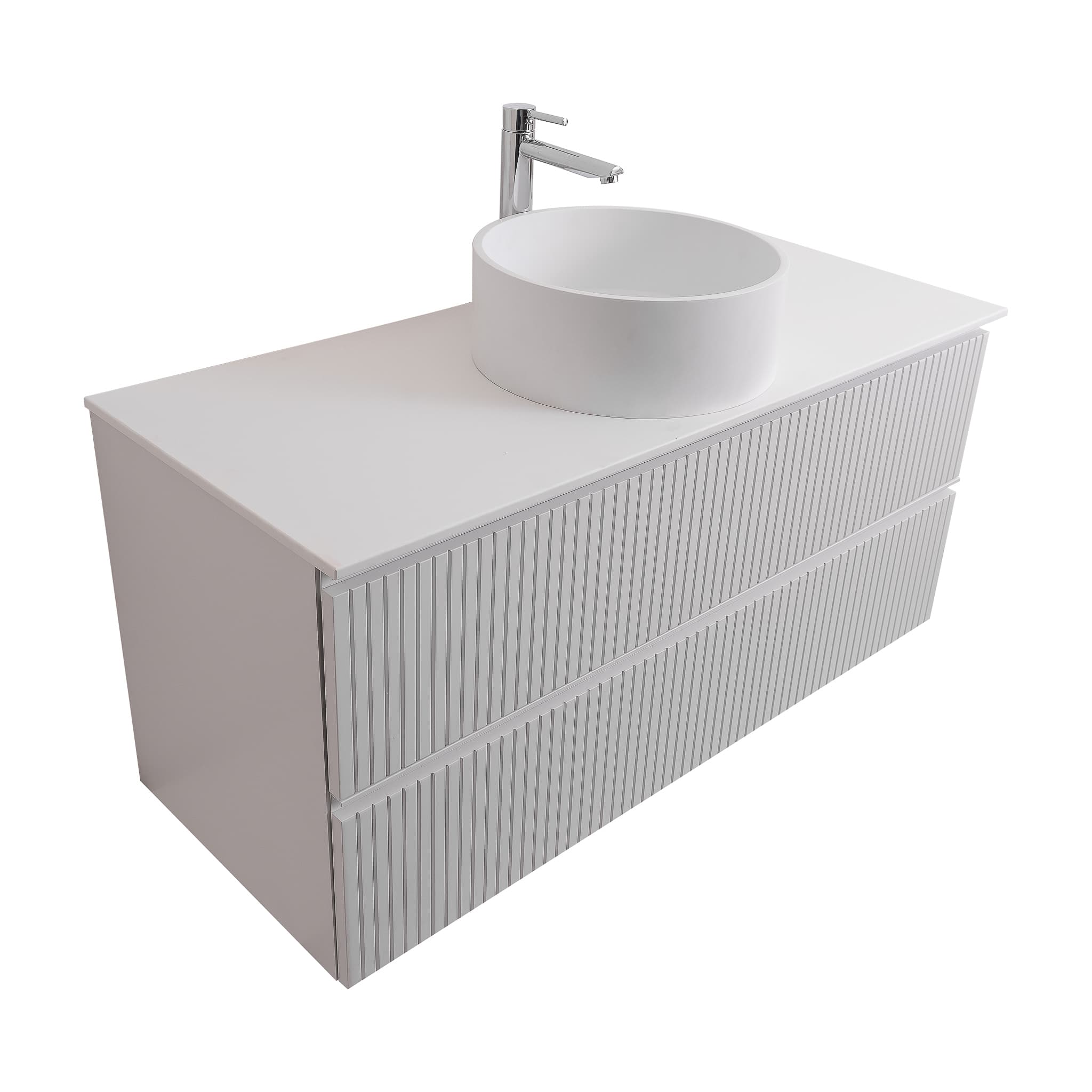 Ares 47.5 Matte White Cabinet, Solid Surface Flat White Counter And Round Solid Surface White Basin 1386, Wall Mounted Modern Vanity Set