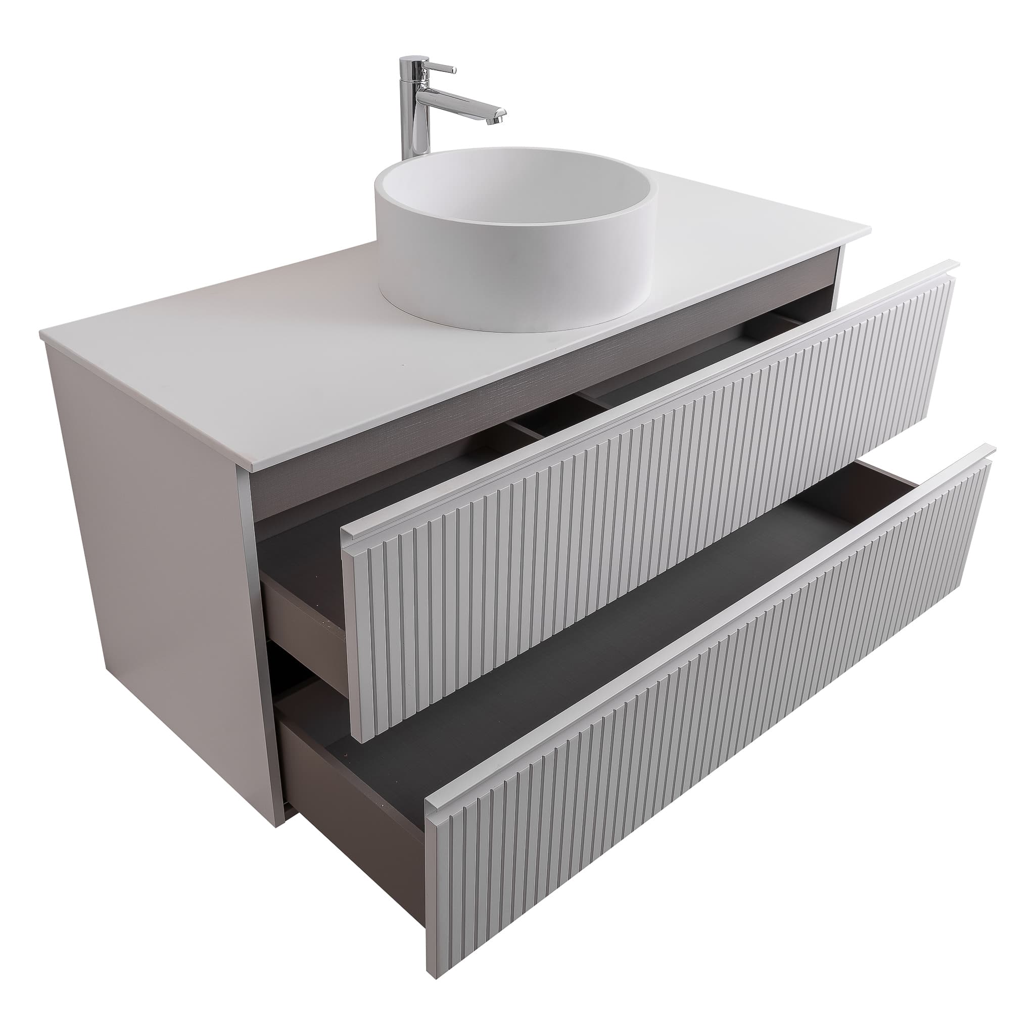 Ares 47.5 Matte White Cabinet, Solid Surface Flat White Counter And Round Solid Surface White Basin 1386, Wall Mounted Modern Vanity Set