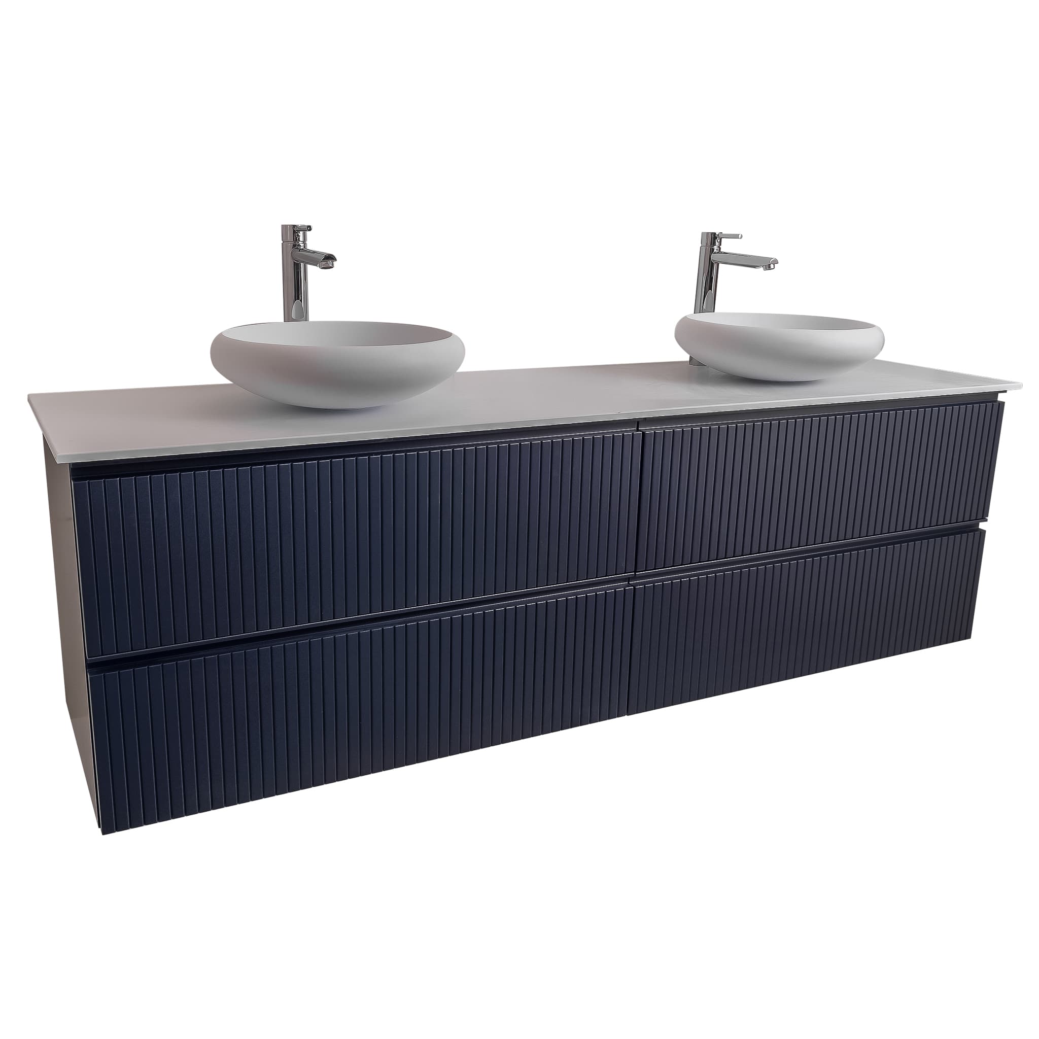 Ares 63 Matte Navy Blue Cabinet, Solid Surface Flat White Counter And Two Round Solid Surface White Basin 1153, Wall Mounted Modern Vanity Set