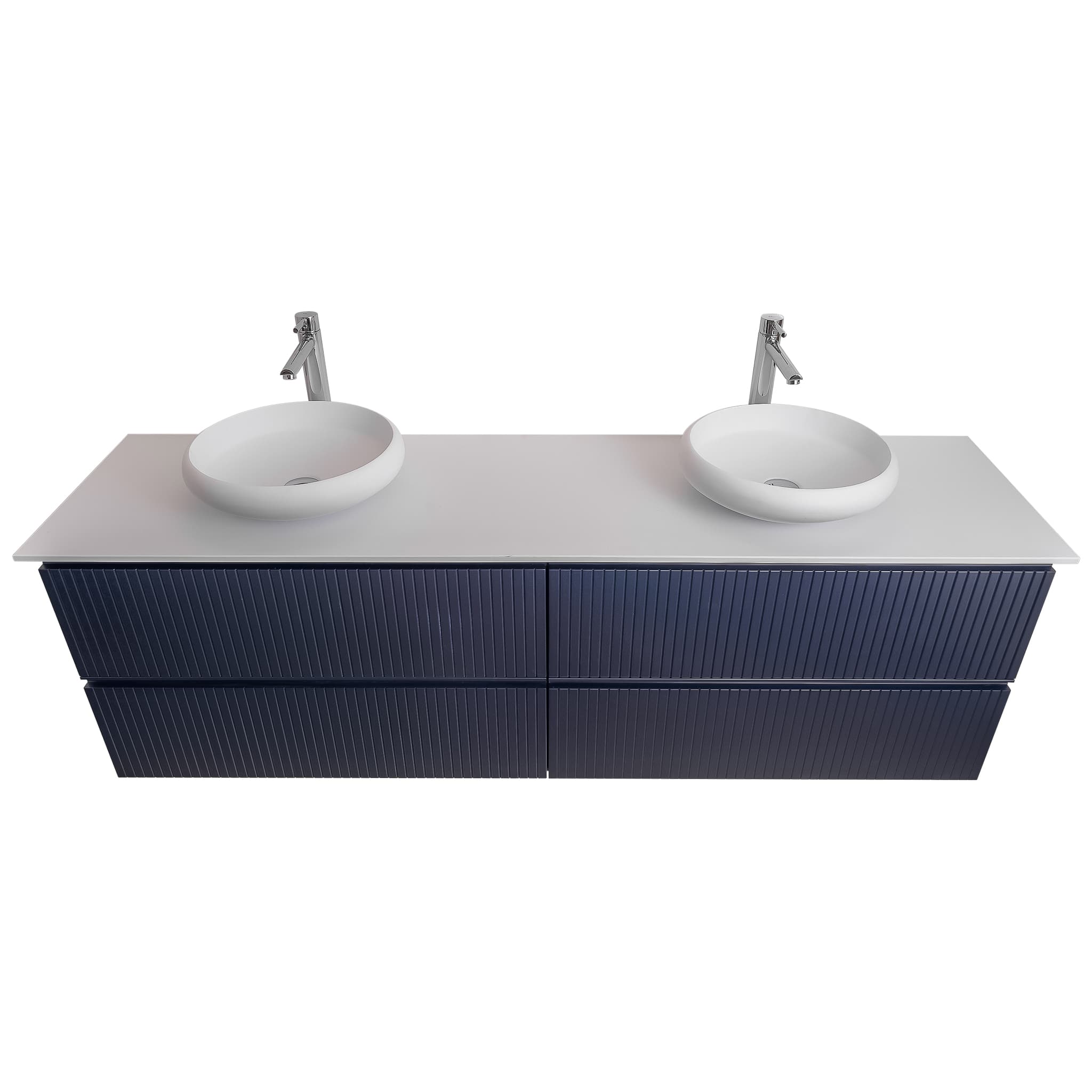 Ares 63 Matte Navy Blue Cabinet, Solid Surface Flat White Counter And Two Round Solid Surface White Basin 1153, Wall Mounted Modern Vanity Set