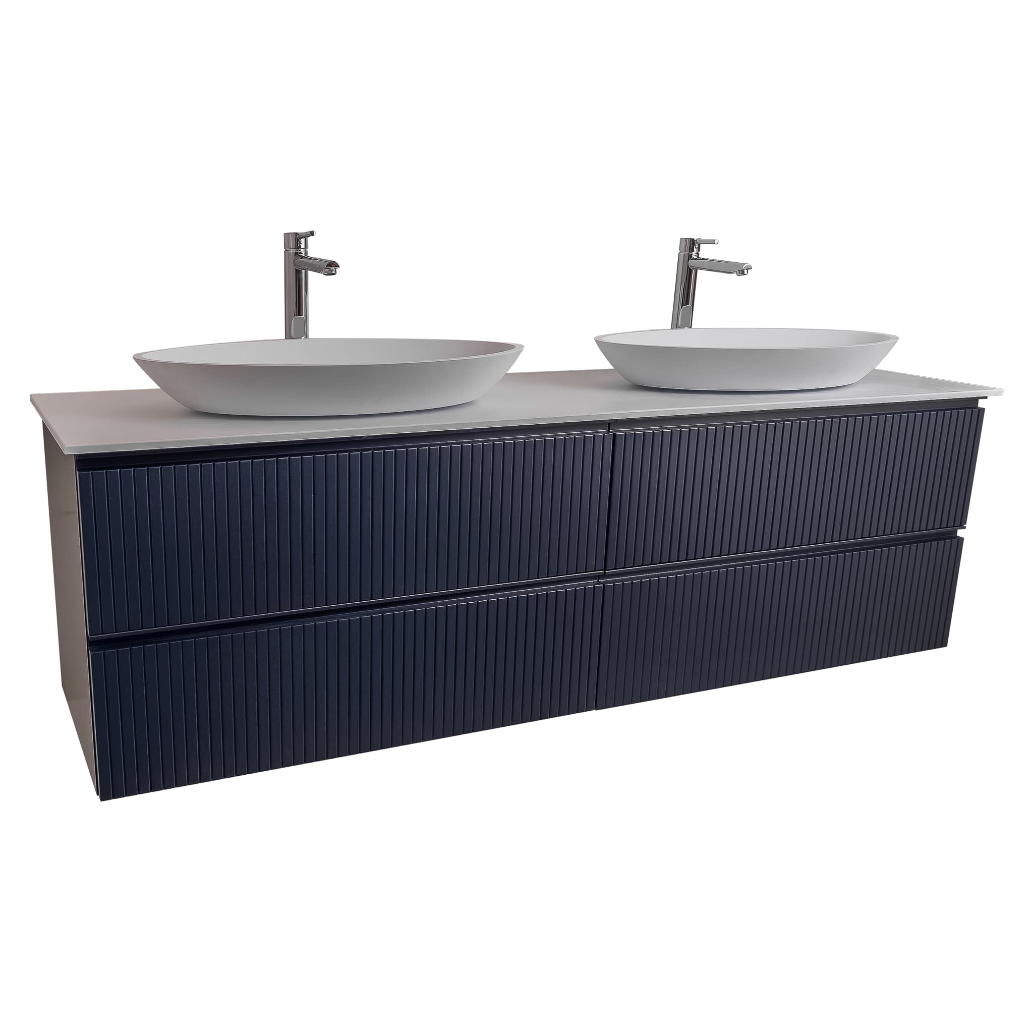Ares 63 Matte Navy Blue Cabinet, Solid Surface Flat White Counter And Two Oval Solid Surface White Basin 1305, Wall Mounted Modern Vanity Set