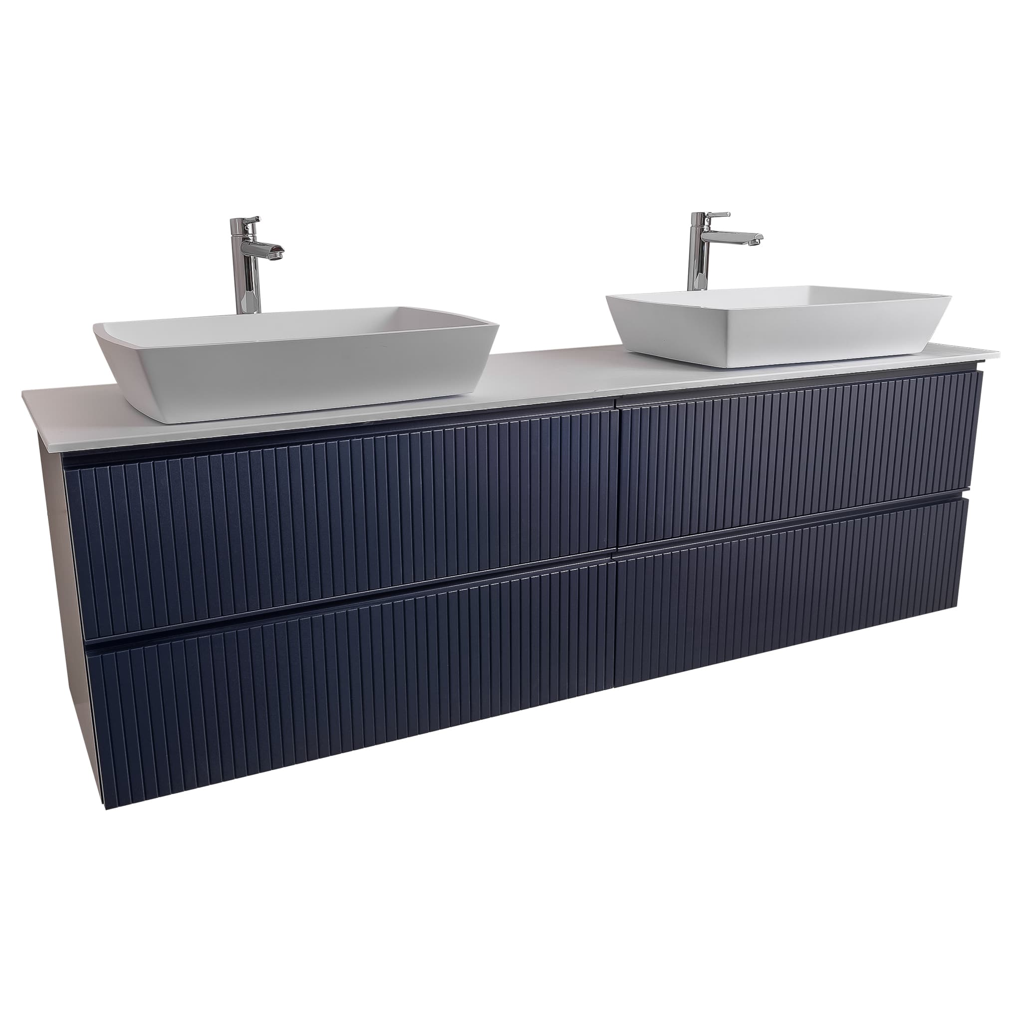 Ares 63 Matte Navy Blue Cabinet, Solid Surface Flat White Counter And Two Square Solid Surface White Basin 1316, Wall Mounted Modern Vanity Set