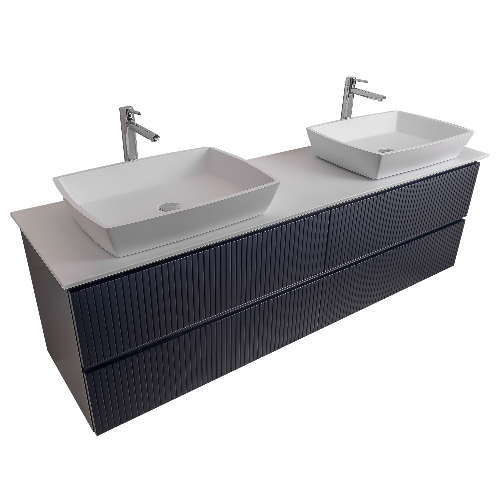 Ares 63 Matte Navy Blue Cabinet, Solid Surface Flat White Counter And Two Square Solid Surface White Basin 1316, Wall Mounted Modern Vanity Set