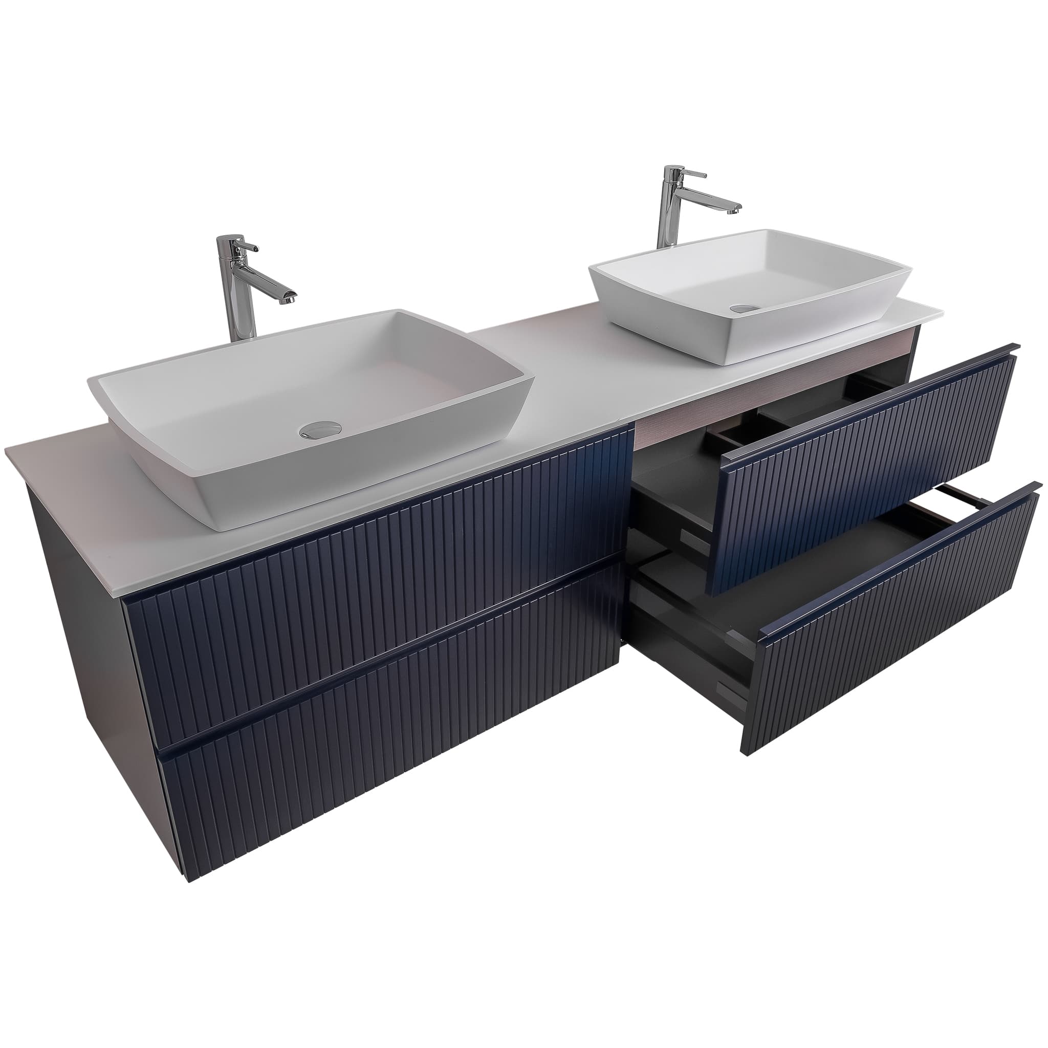 Ares 63 Matte Navy Blue Cabinet, Solid Surface Flat White Counter And Two Square Solid Surface White Basin 1316, Wall Mounted Modern Vanity Set