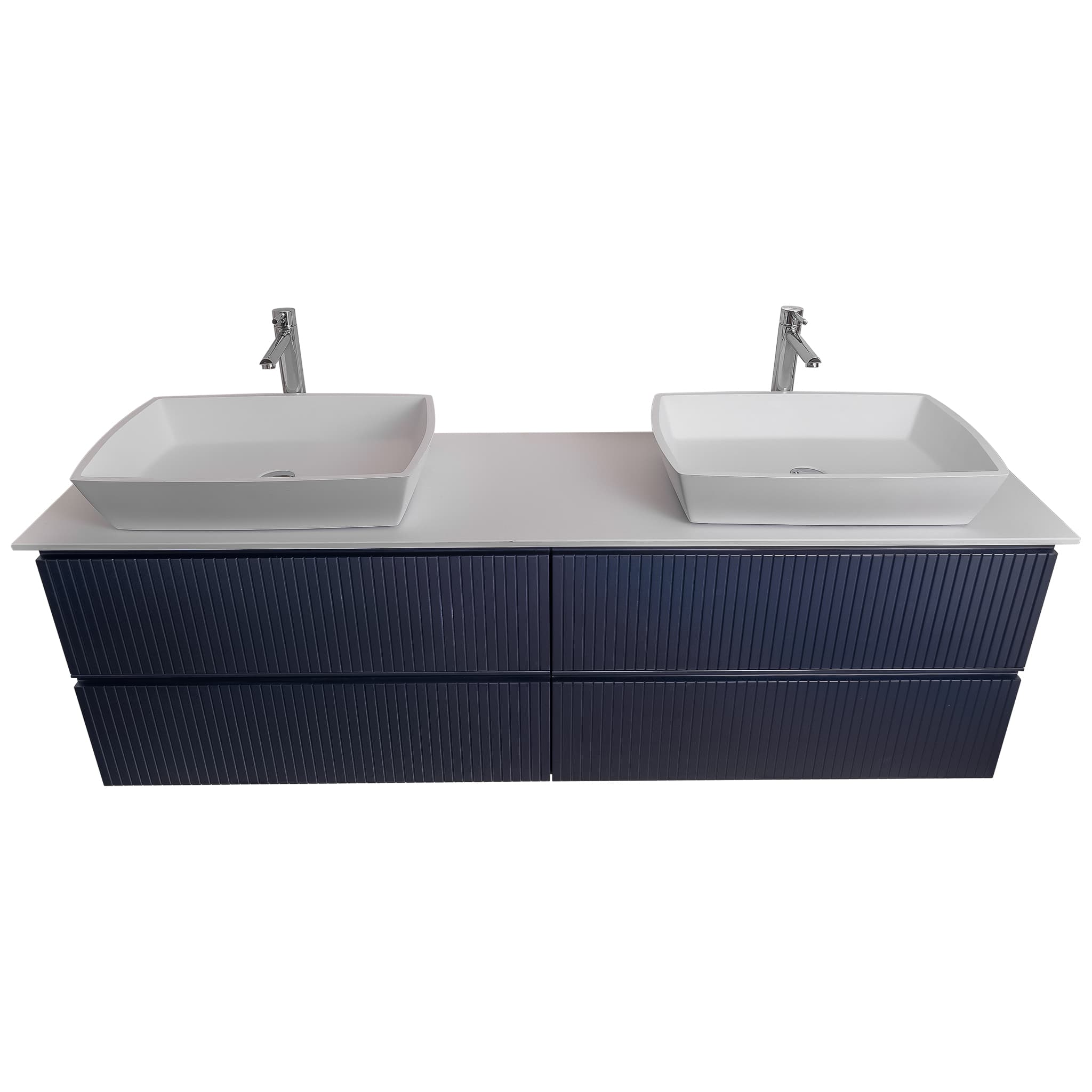 Ares 63 Matte Navy Blue Cabinet, Solid Surface Flat White Counter And Two Square Solid Surface White Basin 1316, Wall Mounted Modern Vanity Set