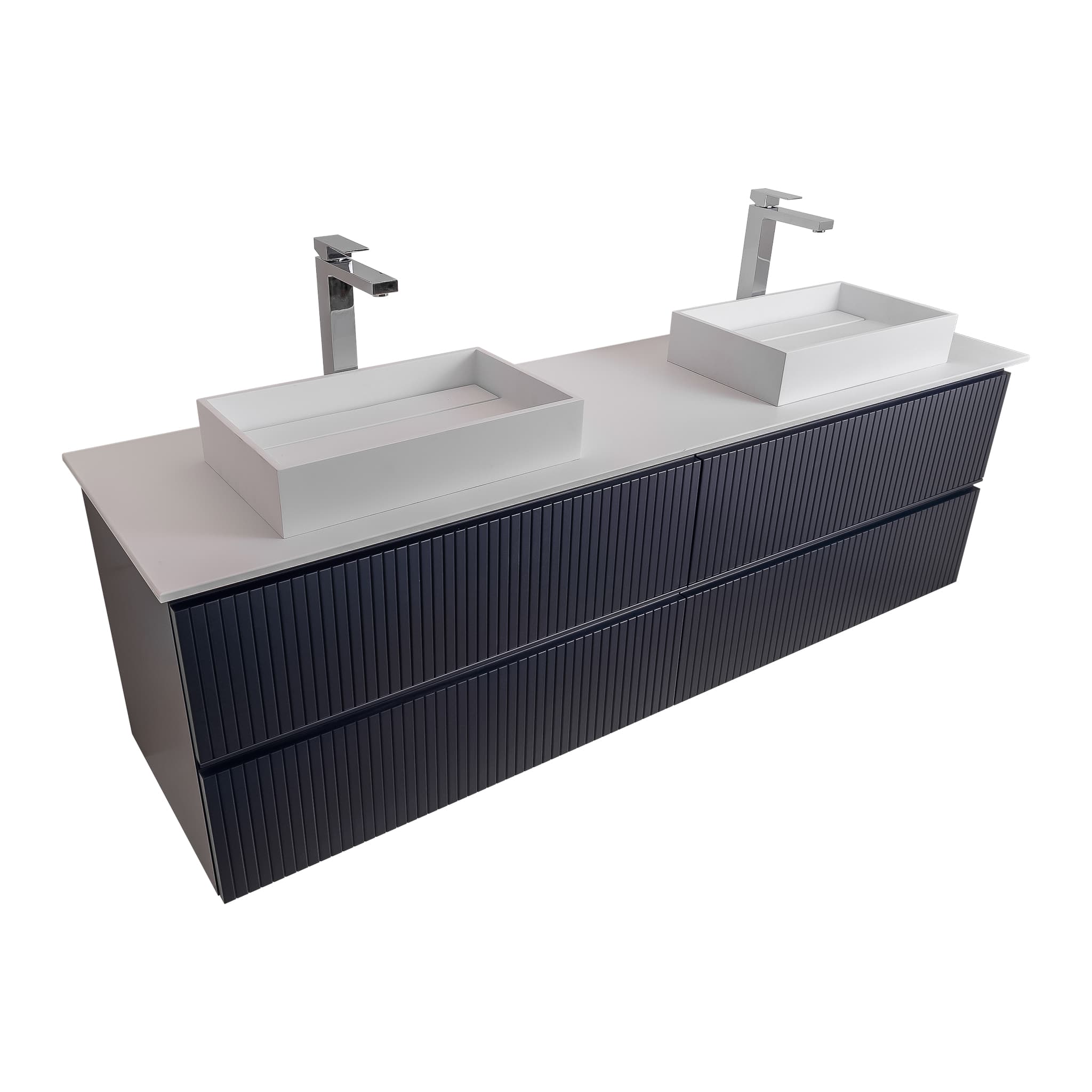 Ares 63 Matte Navy Blue Cabinet, Solid Surface Flat White Counter And Two Infinity Square Solid Surface White Basin 1329, Wall Mounted Modern Vanity Set