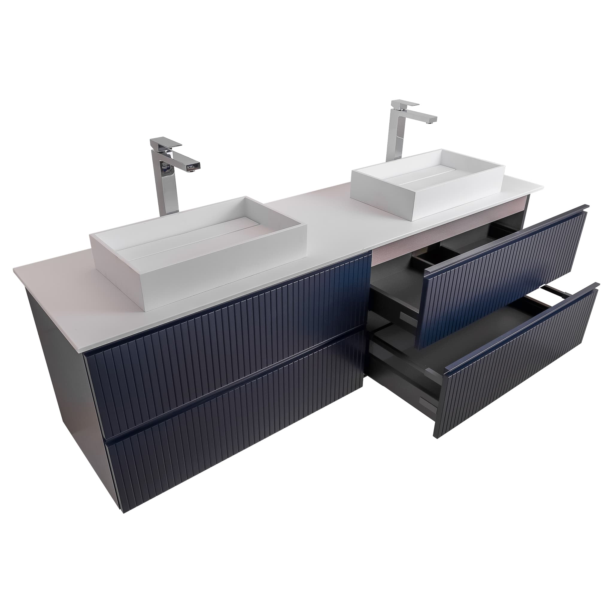 Ares 63 Matte Navy Blue Cabinet, Solid Surface Flat White Counter And Two Infinity Square Solid Surface White Basin 1329, Wall Mounted Modern Vanity Set