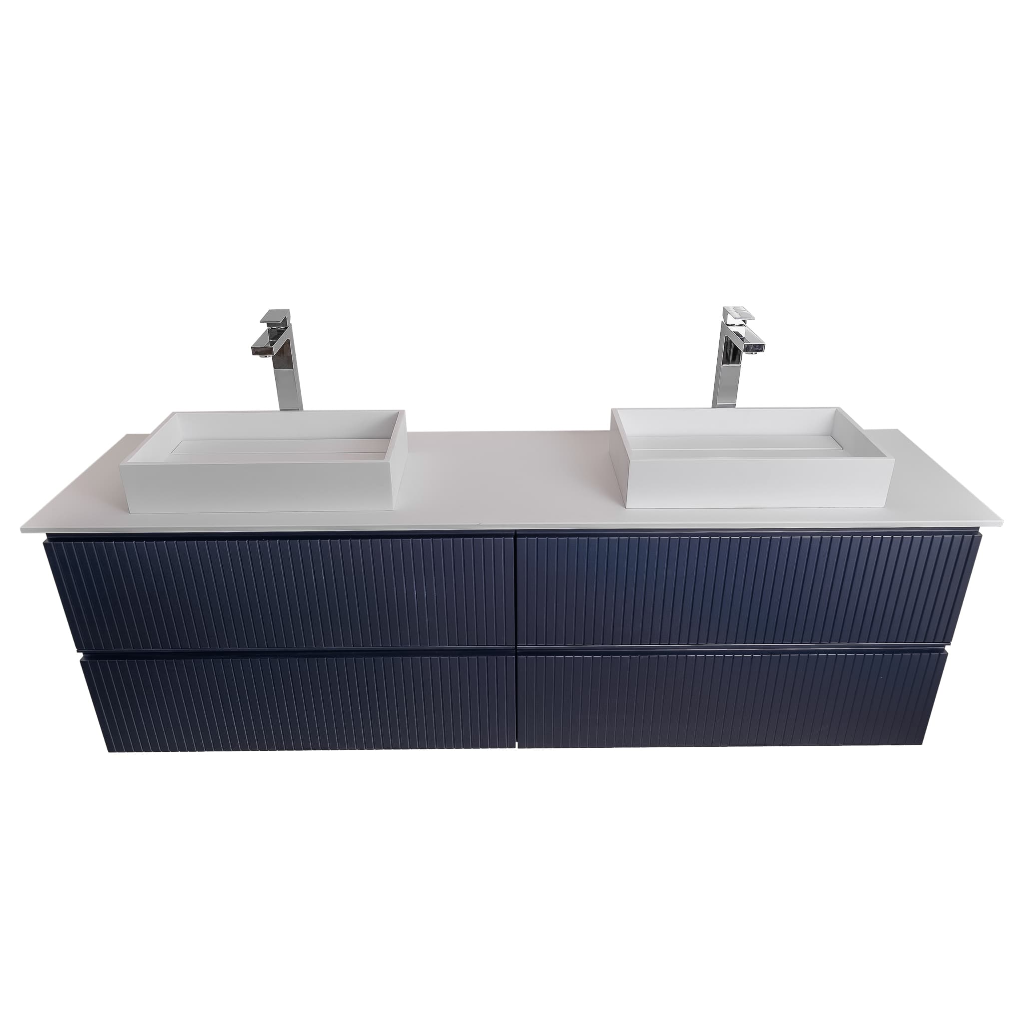 Ares 63 Matte Navy Blue Cabinet, Solid Surface Flat White Counter And Two Infinity Square Solid Surface White Basin 1329, Wall Mounted Modern Vanity Set