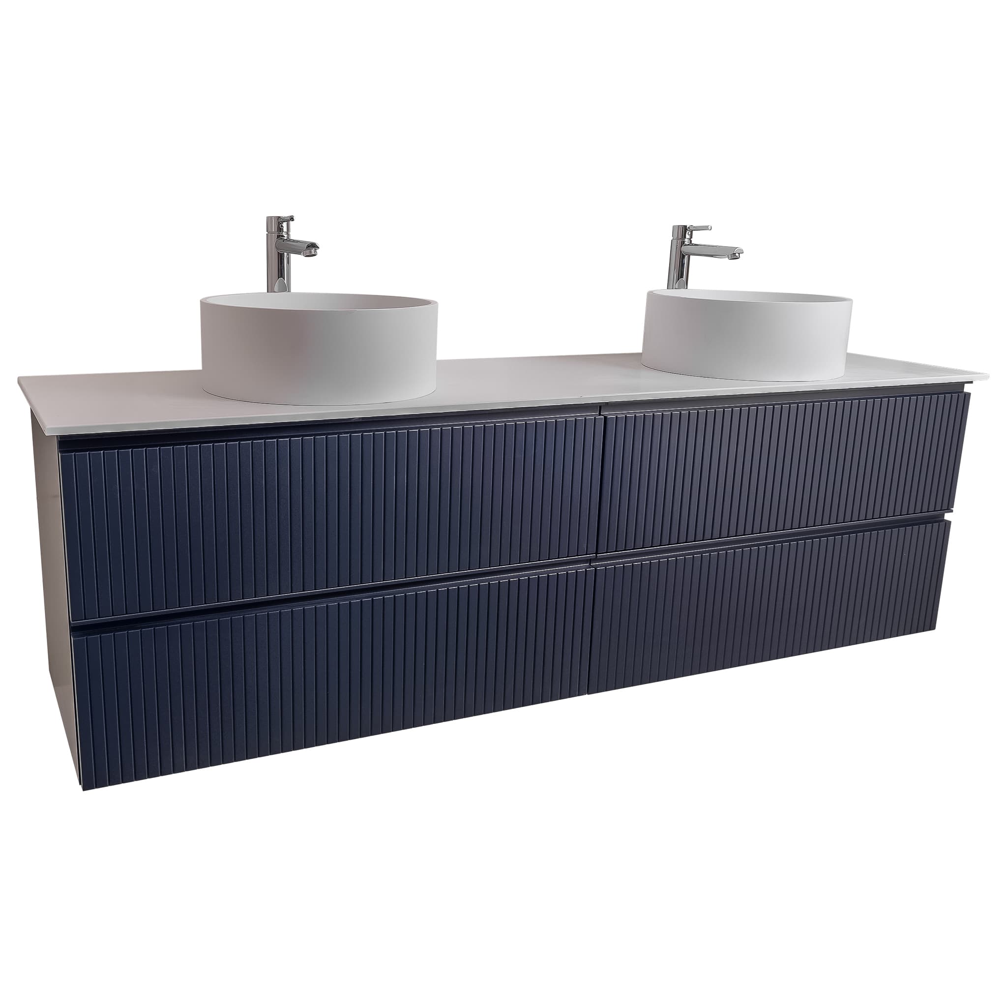 Ares 63 Matte Navy Blue Cabinet, Solid Surface Flat White Counter And Two Round Solid Surface White Basin 1386, Wall Mounted Modern Vanity Set