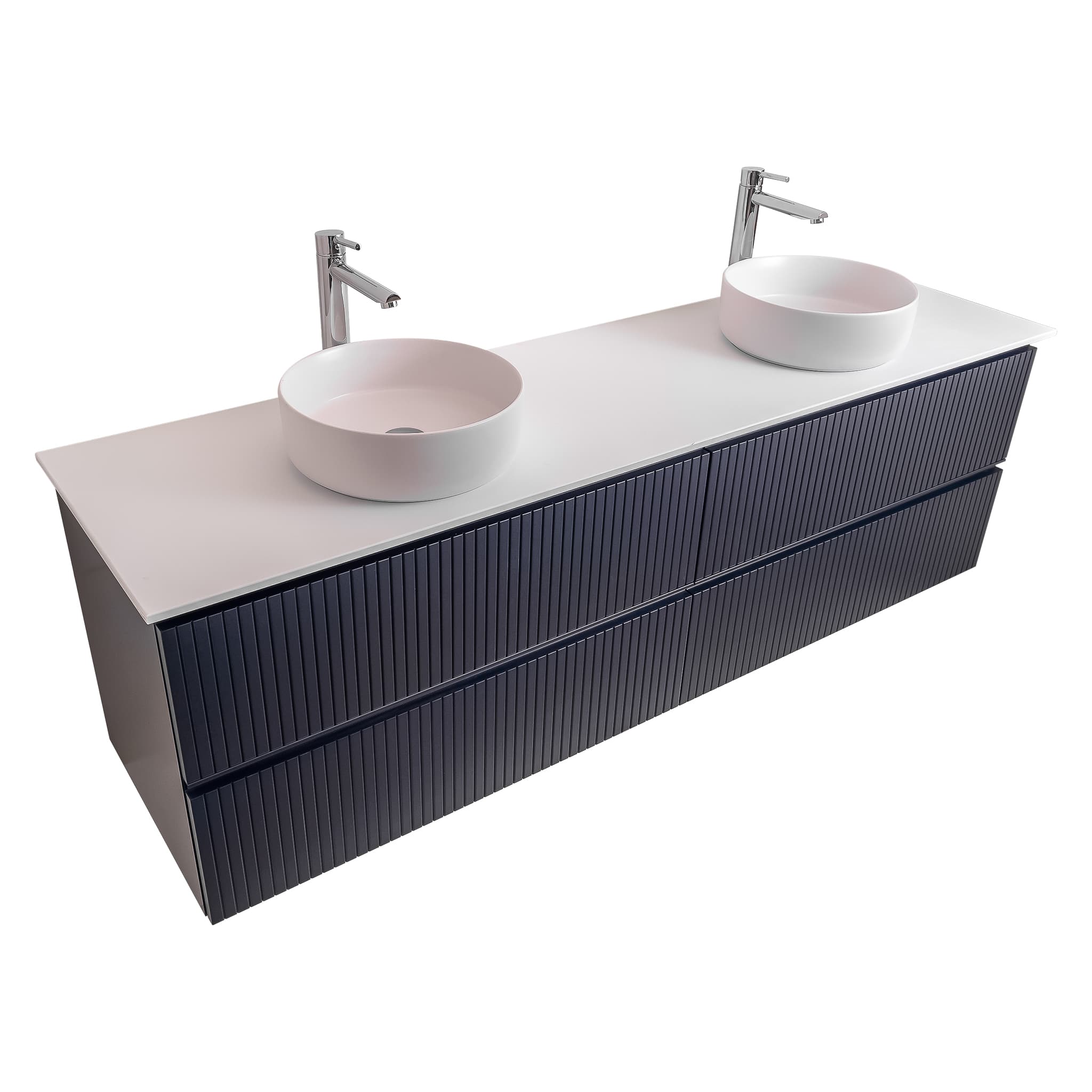 Ares 63 Matte Navy Blue Cabinet, Ares White Top And Two Ares White Ceramic Basin, Wall Mounted Modern Vanity Set