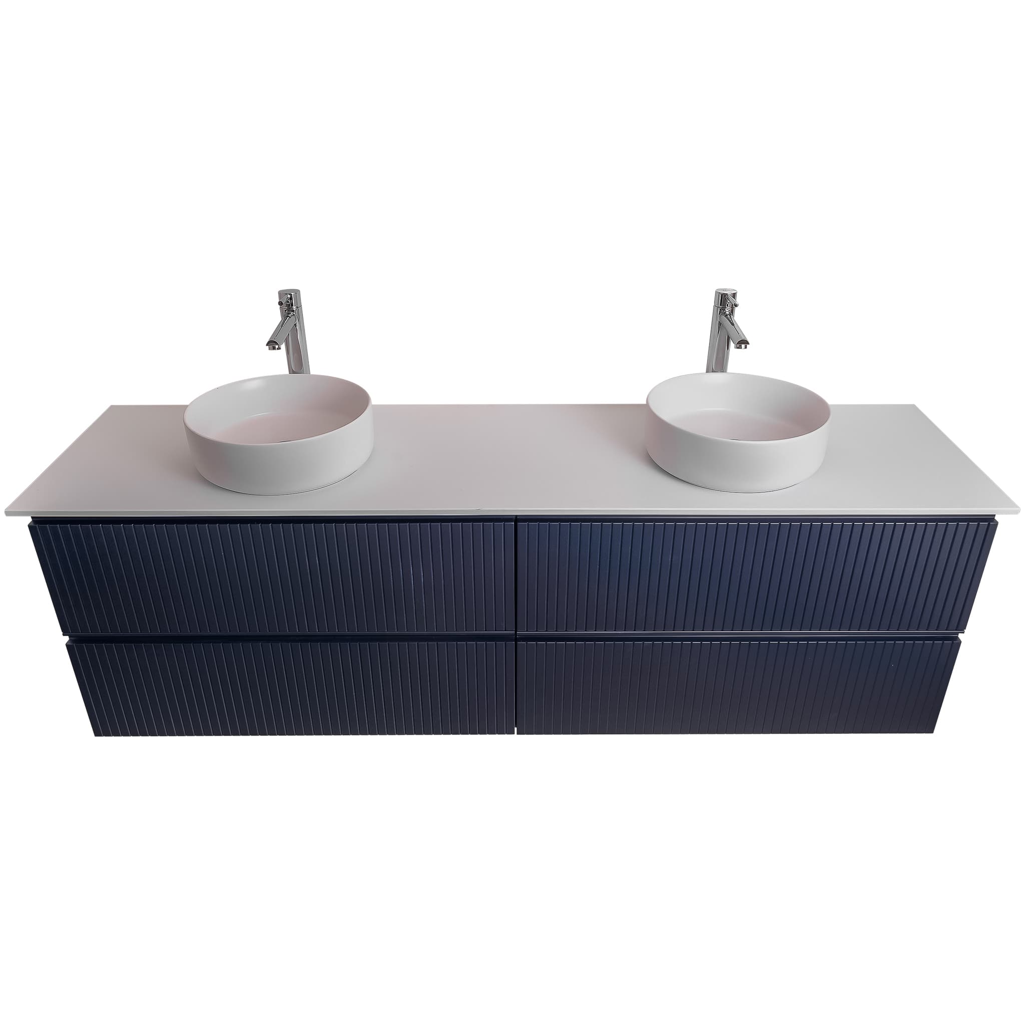 Ares 63 Matte Navy Blue Cabinet, Ares White Top And Two Ares White Ceramic Basin, Wall Mounted Modern Vanity Set