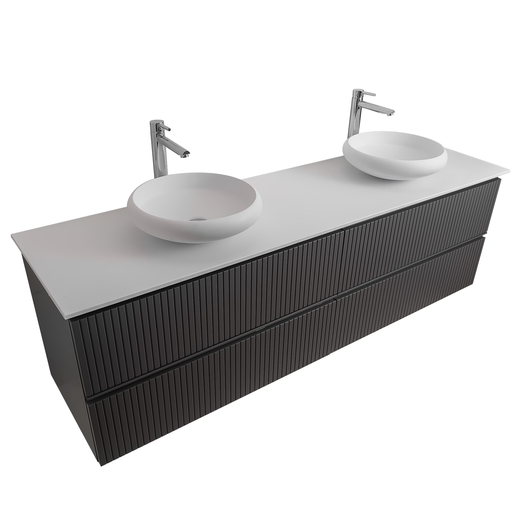 Ares 63 Matte Grey Cabinet, Solid Surface Flat White Counter And Two Round Solid Surface White Basin 1153, Wall Mounted Modern Vanity Set