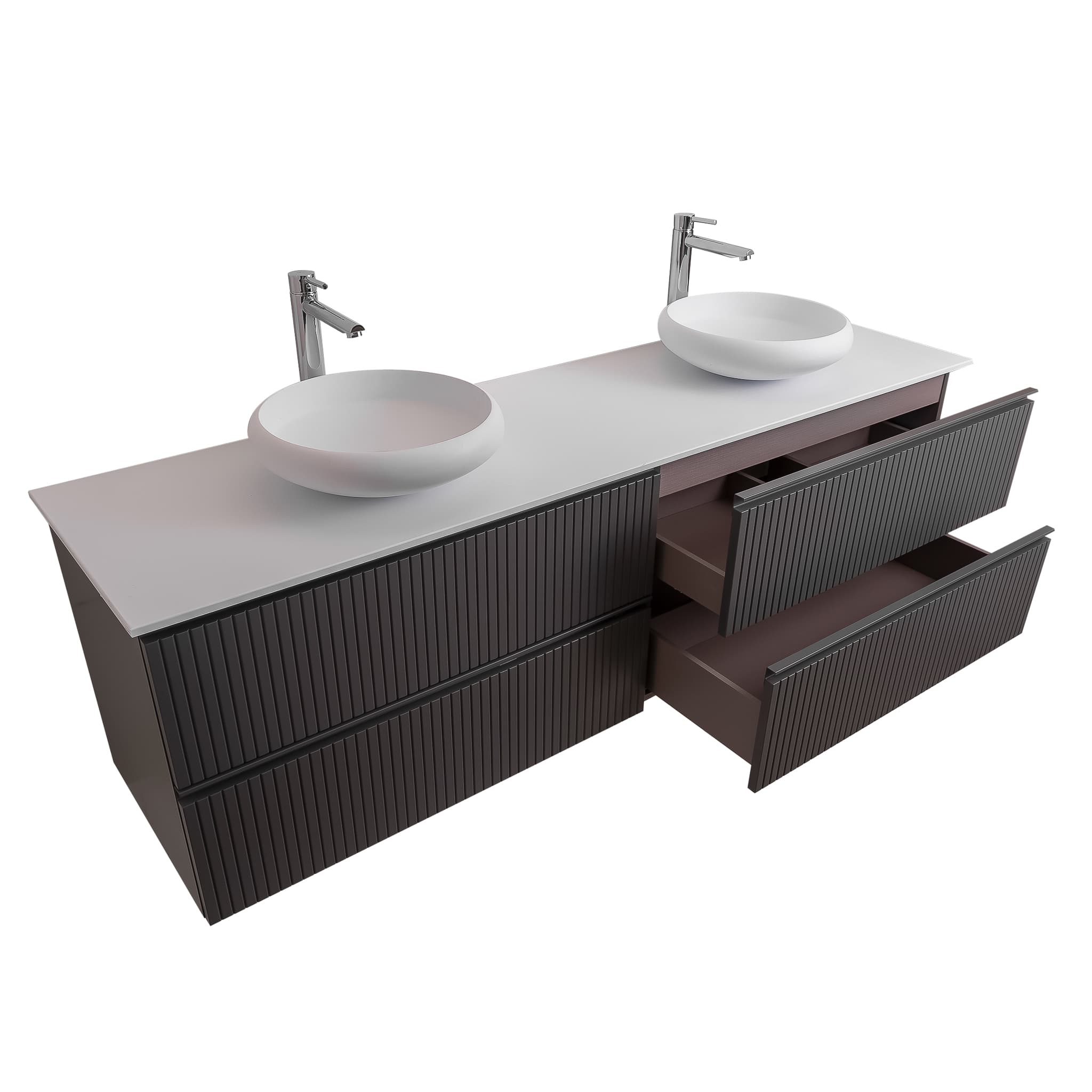Ares 63 Matte Grey Cabinet, Solid Surface Flat White Counter And Two Round Solid Surface White Basin 1153, Wall Mounted Modern Vanity Set