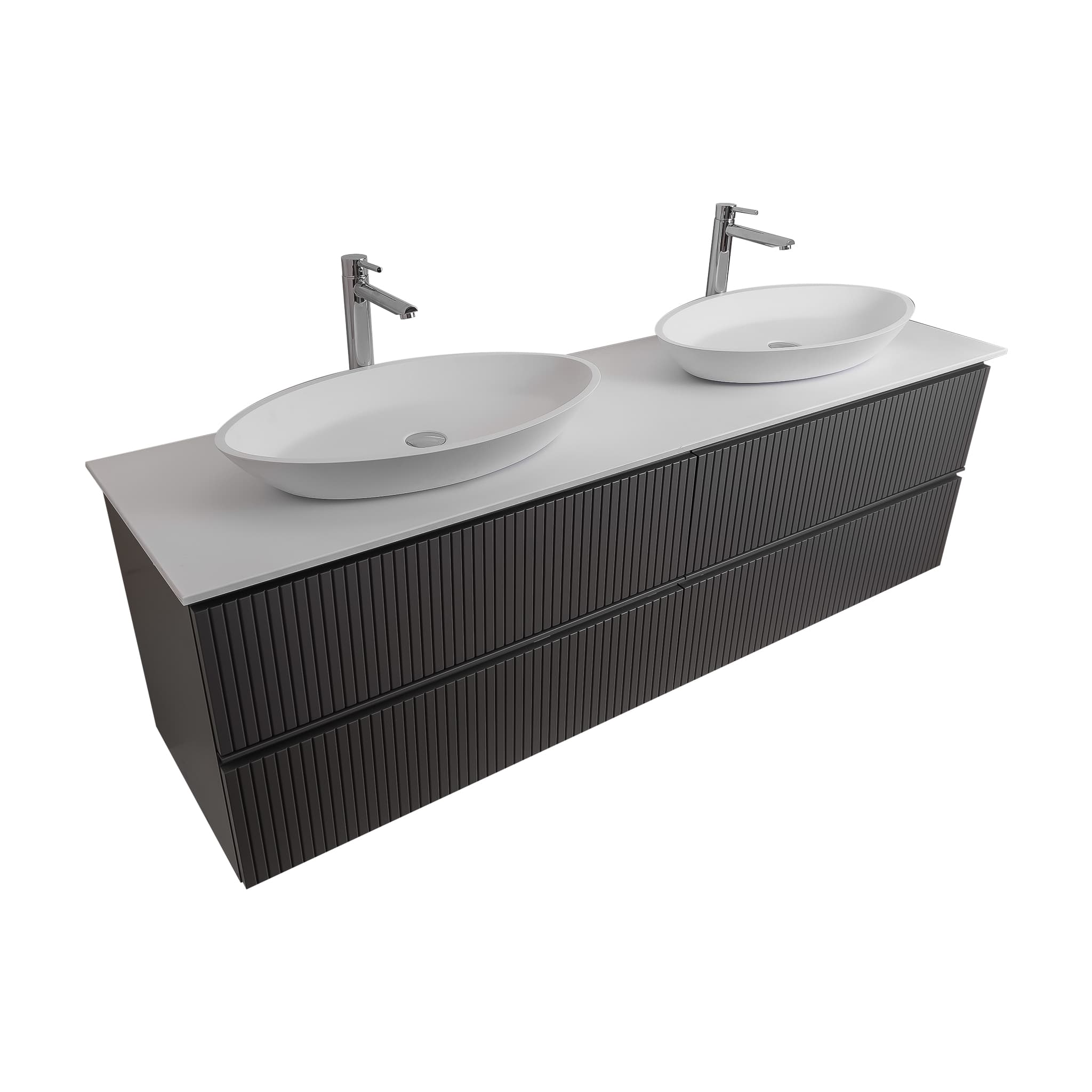 Ares 63 Matte Grey Cabinet, Solid Surface Flat White Counter And Two Oval Solid Surface White Basin 1305, Wall Mounted Modern Vanity Set