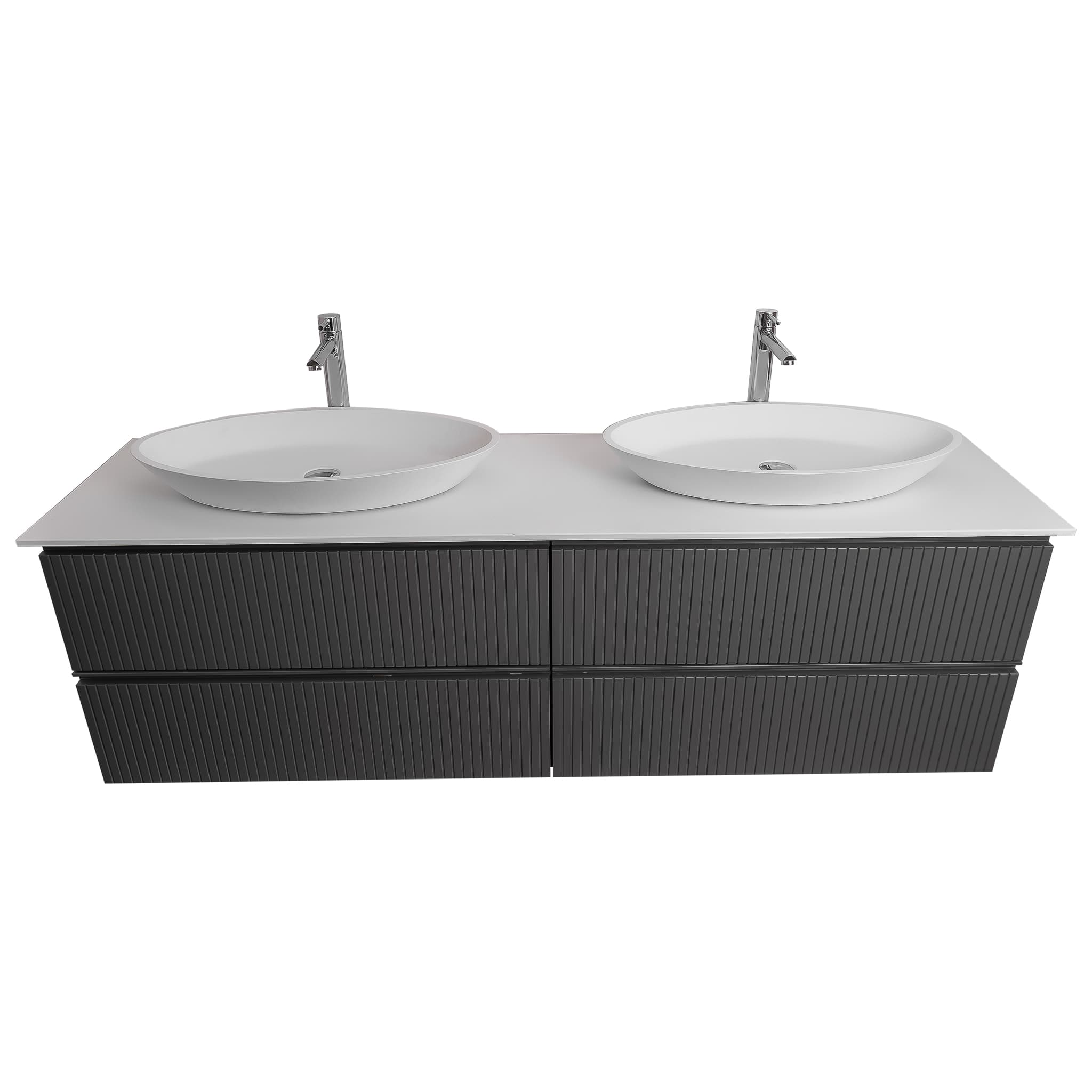 Ares 63 Matte Grey Cabinet, Solid Surface Flat White Counter And Two Oval Solid Surface White Basin 1305, Wall Mounted Modern Vanity Set