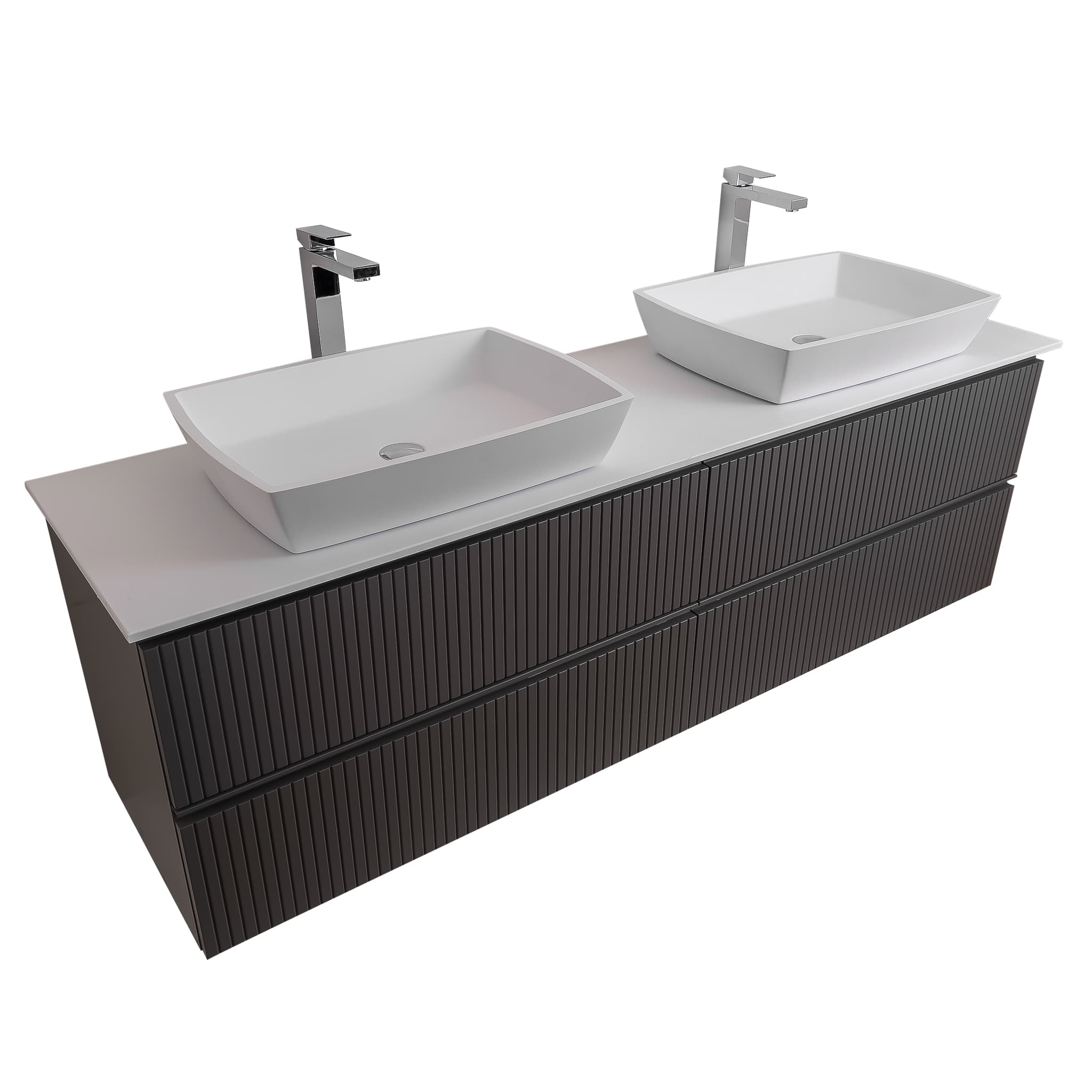 Ares 63 Matte Grey Cabinet, Solid Surface Flat White Counter And Two Square Solid Surface White Basin 1316, Wall Mounted Modern Vanity Set
