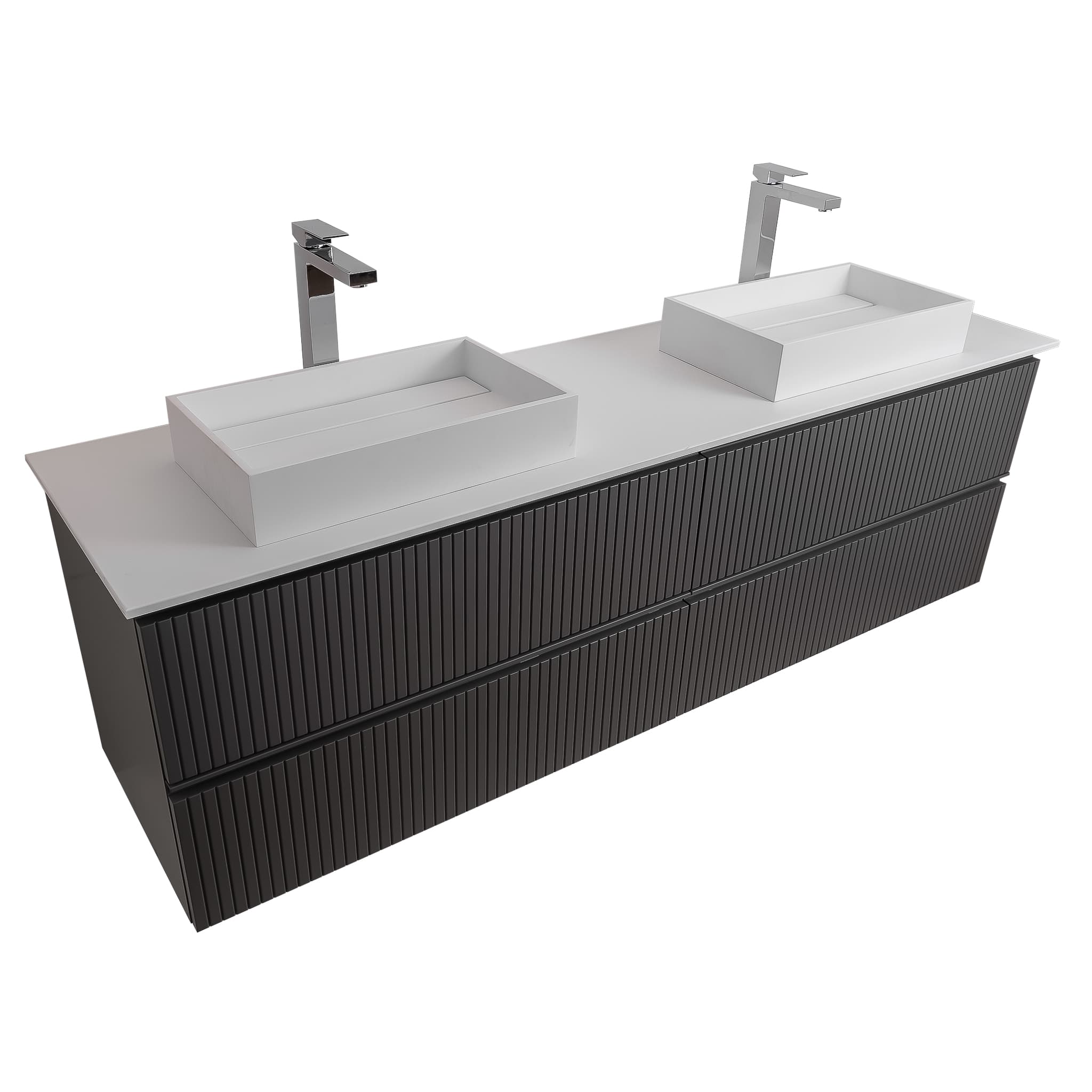 Ares 63 Matte Grey Cabinet, Solid Surface Flat White Counter And Two Infinity Square Solid Surface White Basin 1329, Wall Mounted Modern Vanity Set