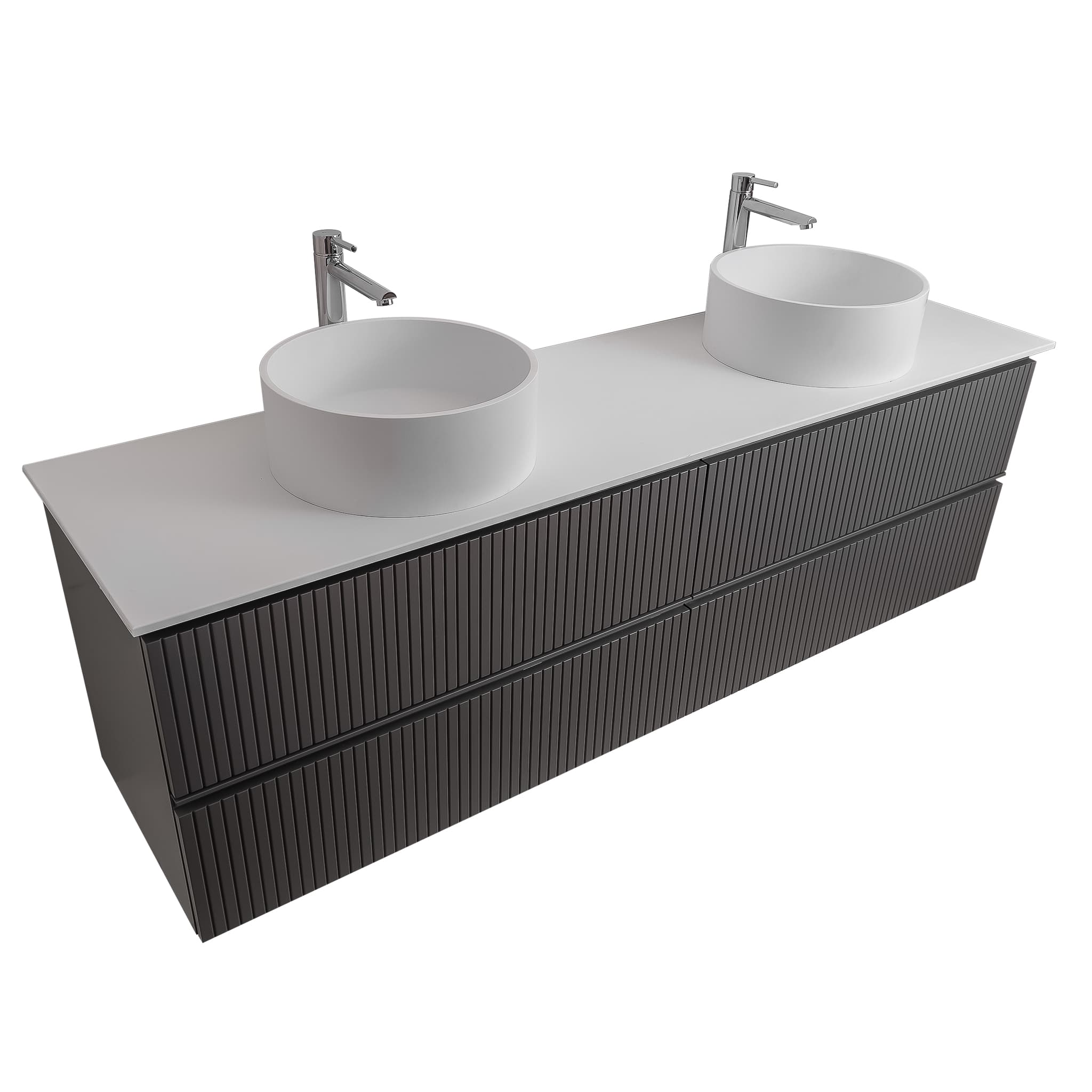 Ares 63 Matte Grey Cabinet, Solid Surface Flat White Counter And Two Round Solid Surface White Basin 1386, Wall Mounted Modern Vanity Set