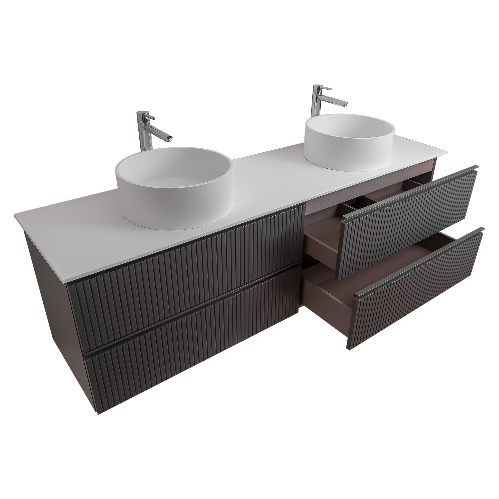Ares 63 Matte Grey Cabinet, Solid Surface Flat White Counter And Two Round Solid Surface White Basin 1386, Wall Mounted Modern Vanity Set