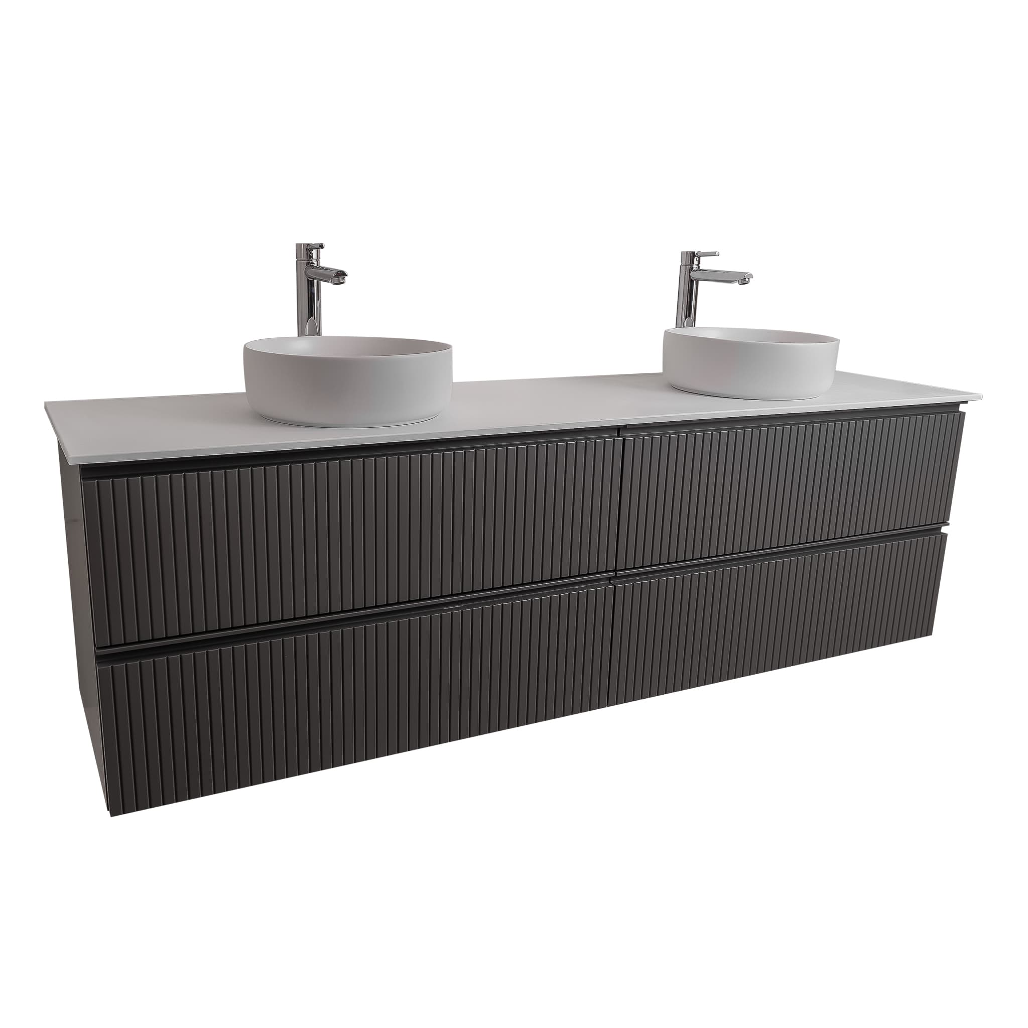 Ares 63 Matte Grey Cabinet, Ares White Top And Two Ares White Ceramic Basin, Wall Mounted Modern Vanity Set