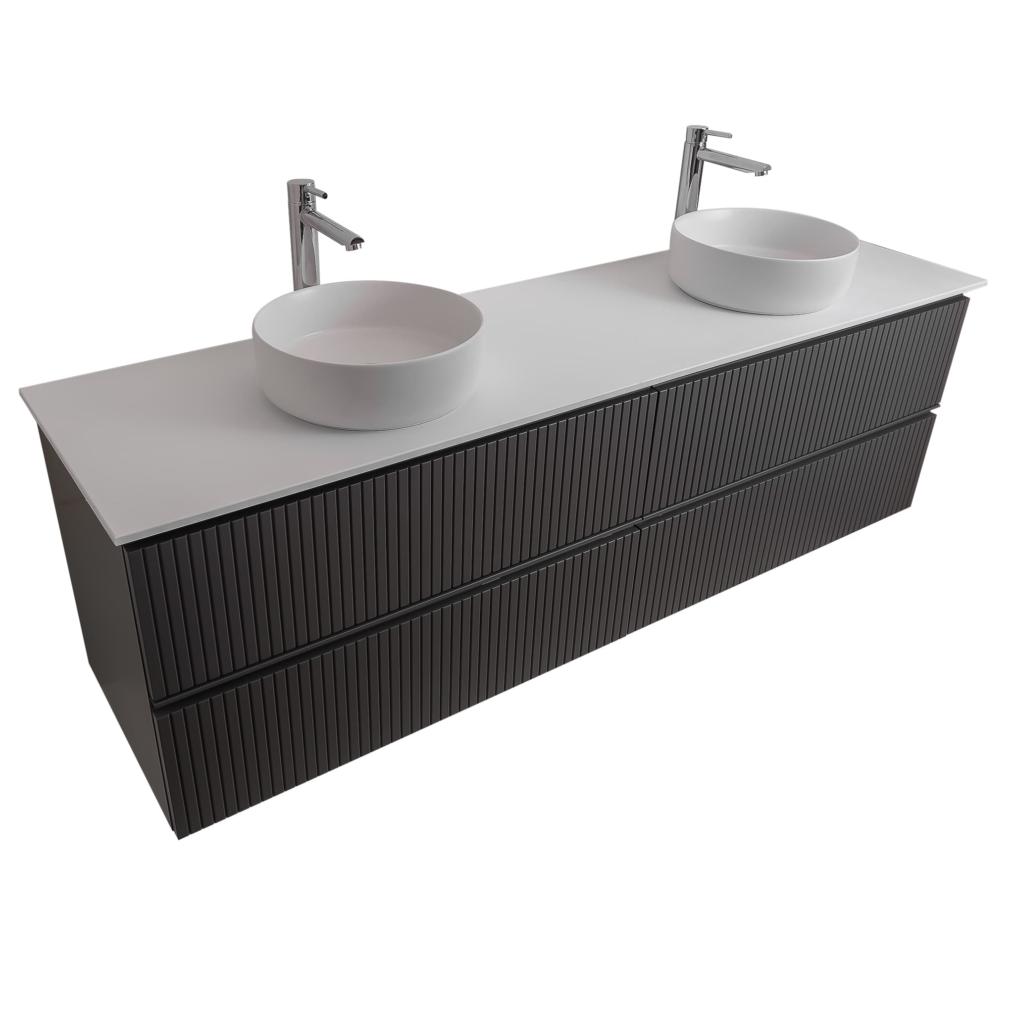 Ares 63 Matte Grey Cabinet, Ares White Top And Two Ares White Ceramic Basin, Wall Mounted Modern Vanity Set