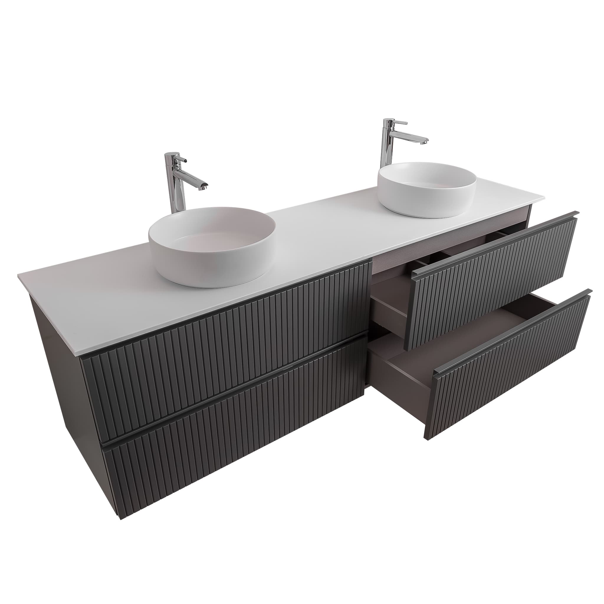 Ares 63 Matte Grey Cabinet, Ares White Top And Two Ares White Ceramic Basin, Wall Mounted Modern Vanity Set