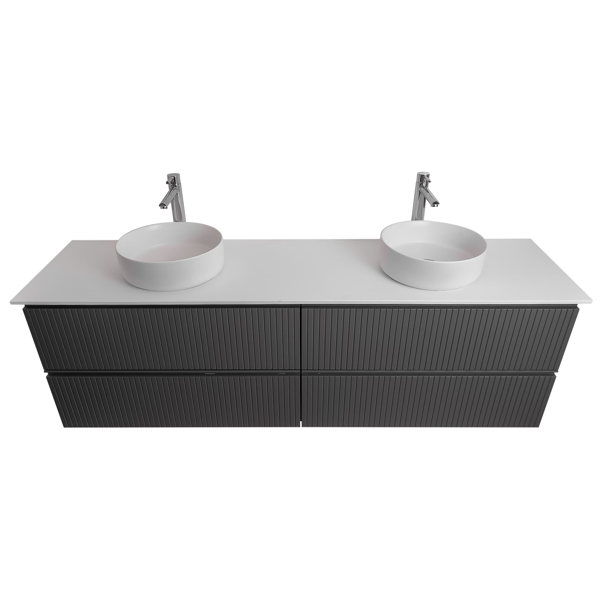 Ares 63 Matte Grey Cabinet, Ares White Top And Two Ares White Ceramic Basin, Wall Mounted Modern Vanity Set
