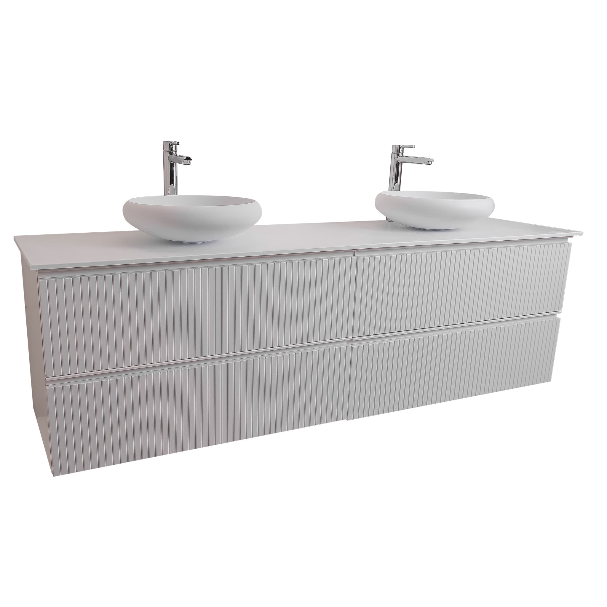 Ares 63 Matte White Cabinet, Solid Surface Flat White Counter And Two Round Solid Surface White Basin 1153, Wall Mounted Modern Vanity Set