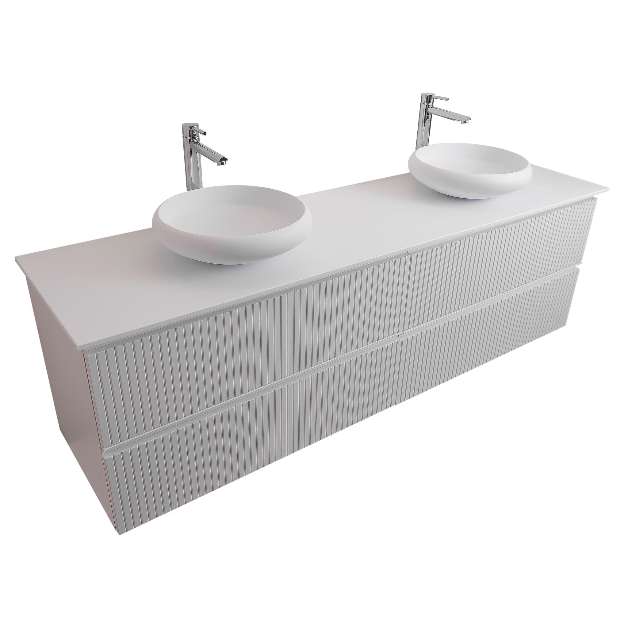 Ares 63 Matte White Cabinet, Solid Surface Flat White Counter And Two Round Solid Surface White Basin 1153, Wall Mounted Modern Vanity Set