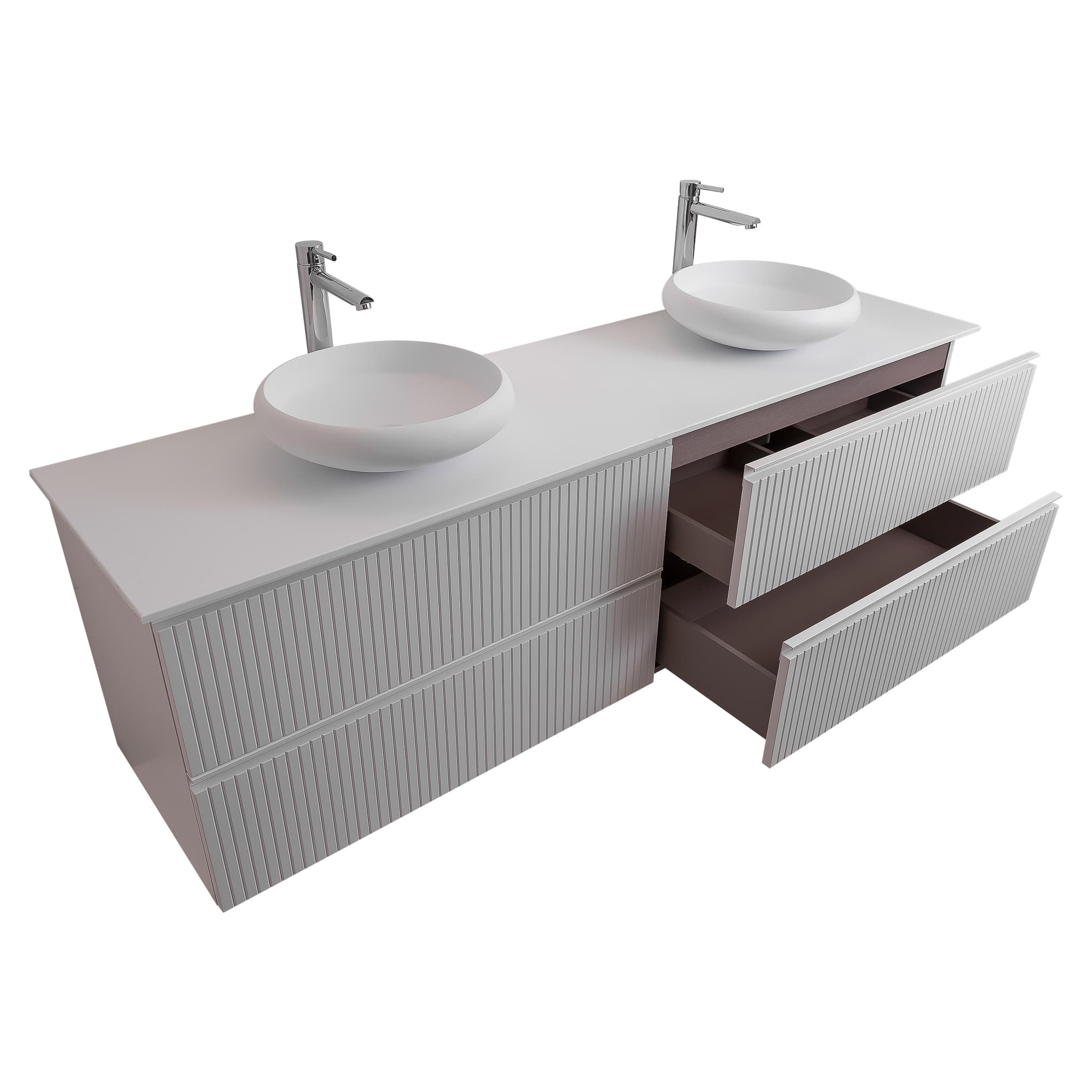 Ares 63 Matte White Cabinet, Solid Surface Flat White Counter And Two Round Solid Surface White Basin 1153, Wall Mounted Modern Vanity Set