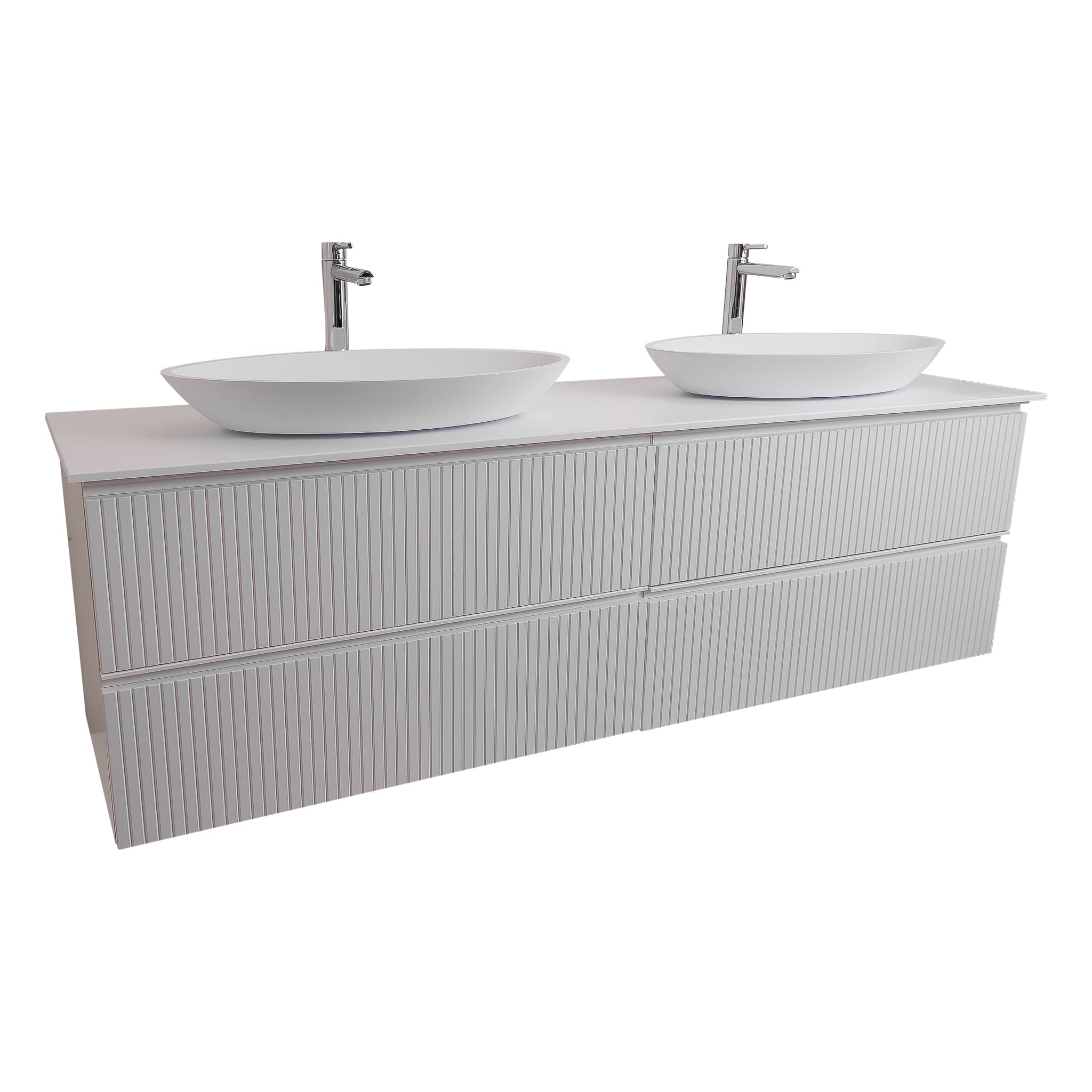 Ares 63 Matte White Cabinet, Solid Surface Flat White Counter And Two Oval Solid Surface White Basin 1305, Wall Mounted Modern Vanity Set