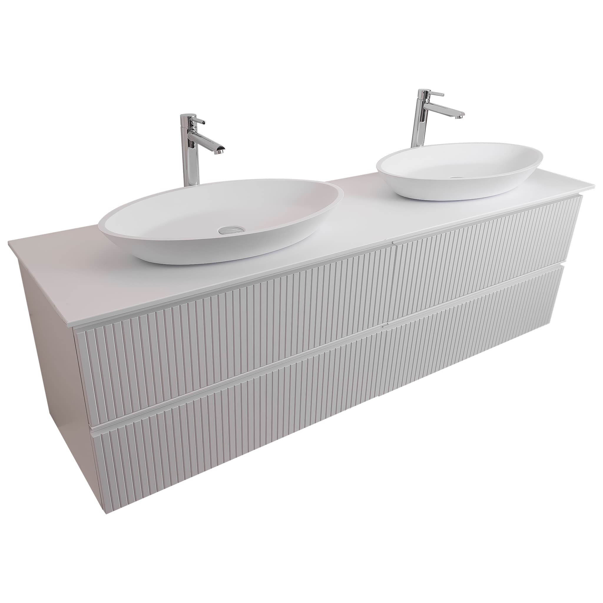 Ares 63 Matte White Cabinet, Solid Surface Flat White Counter And Two Oval Solid Surface White Basin 1305, Wall Mounted Modern Vanity Set
