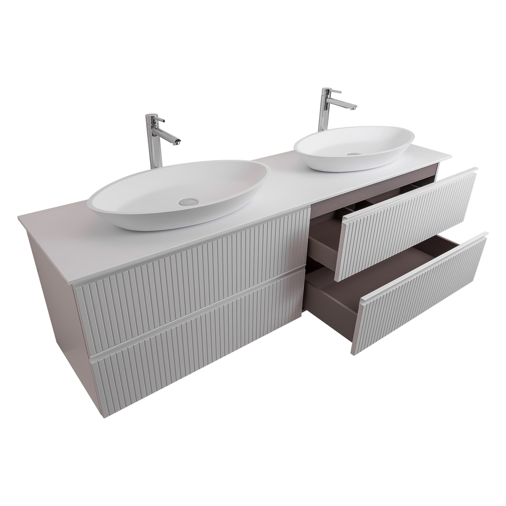 Ares 63 Matte White Cabinet, Solid Surface Flat White Counter And Two Oval Solid Surface White Basin 1305, Wall Mounted Modern Vanity Set