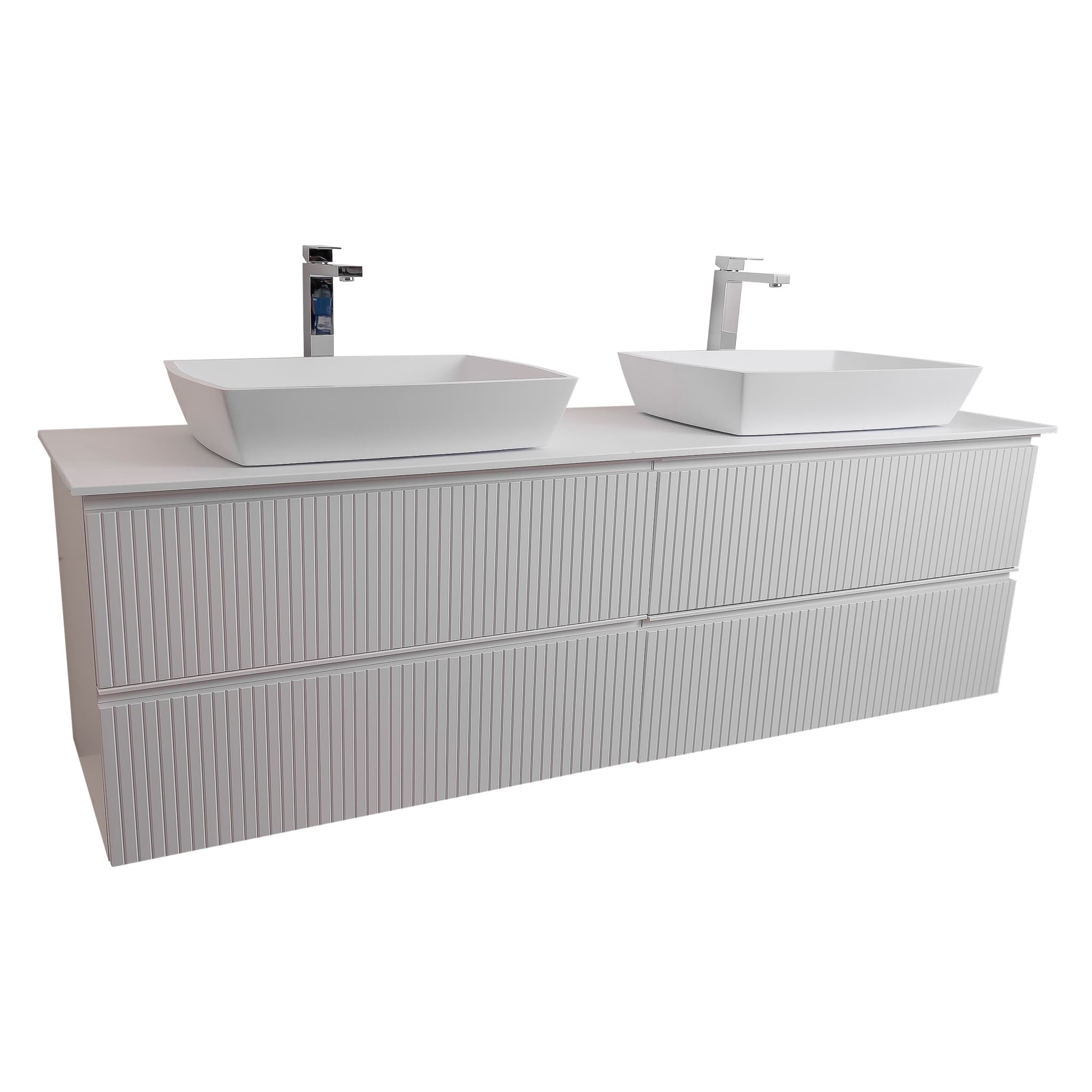 Ares 63 Matte White Cabinet, Solid Surface Flat White Counter And Two Square Solid Surface White Basin 1316, Wall Mounted Modern Vanity Set