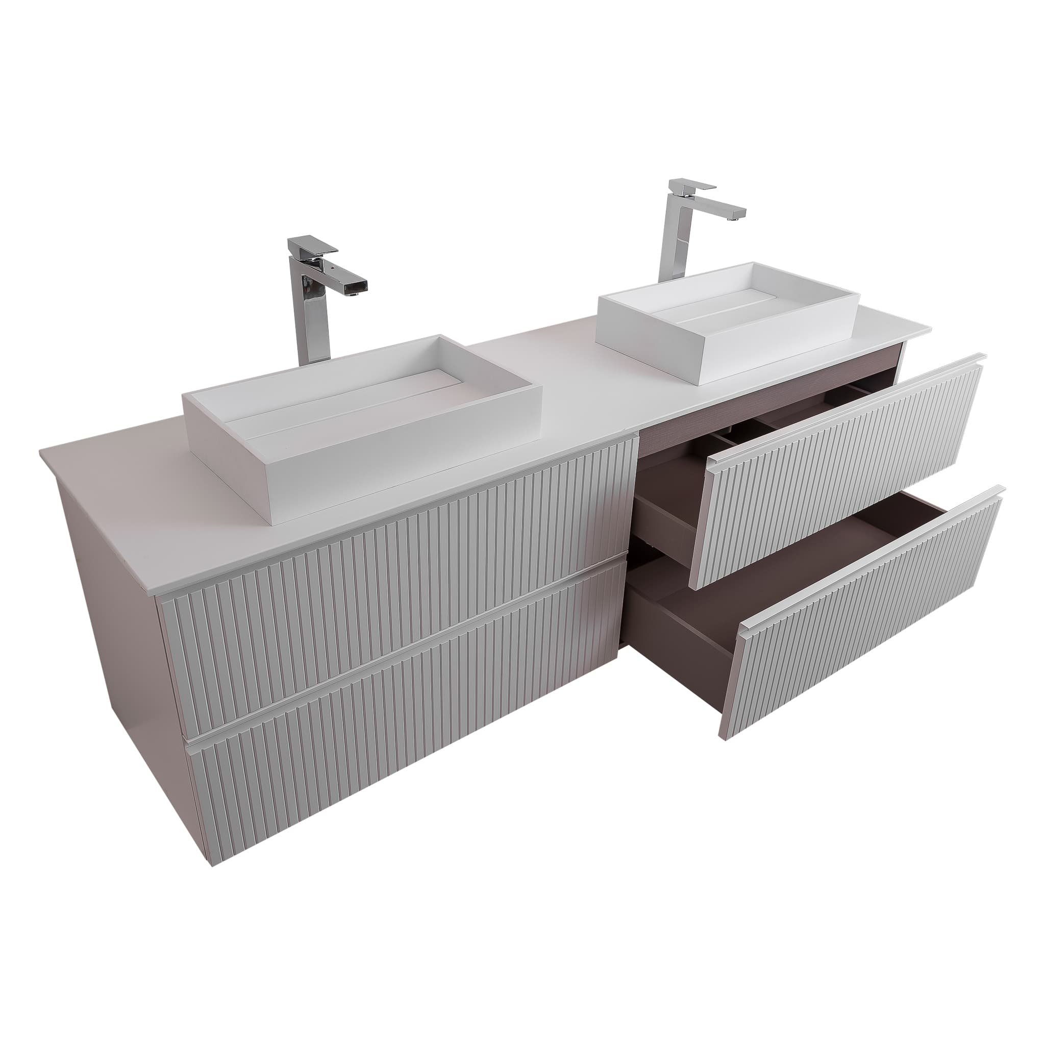 Ares 63 Matte White Cabinet, Solid Surface Flat White Counter And Two Infinity Square Solid Surface White Basin 1329, Wall Mounted Modern Vanity Set