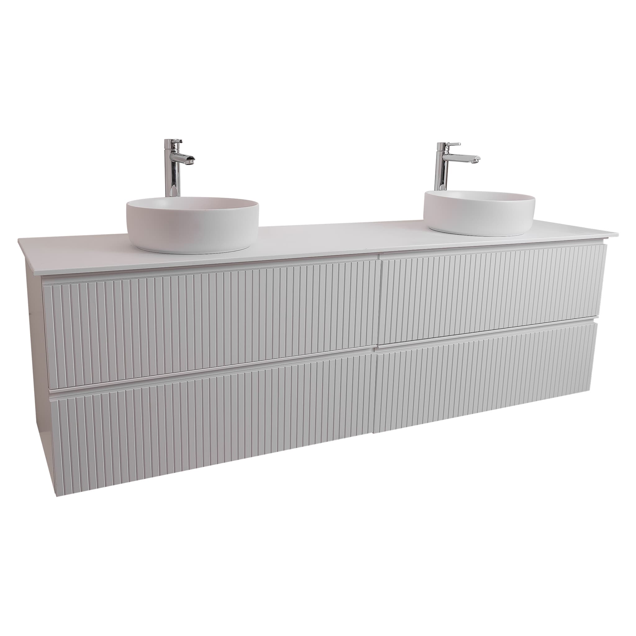 Ares 63 Matte White Cabinet, Ares White Top And Two Ares White Ceramic Basin, Wall Mounted Modern Vanity Set