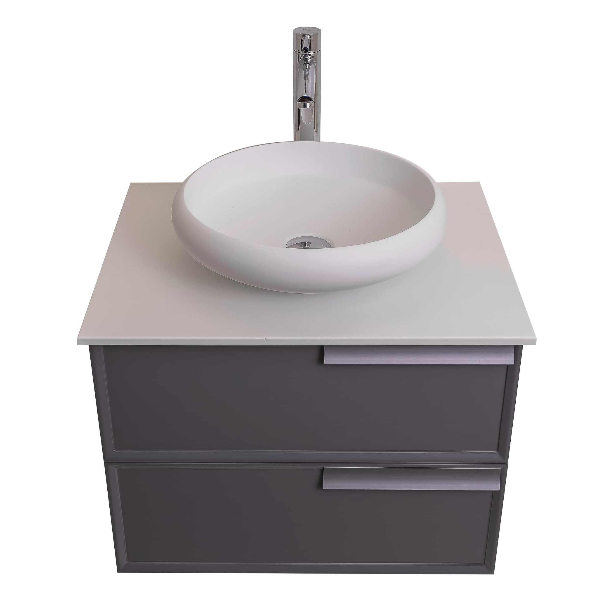 Garda 23.5 Matte Grey Cabinet, Solid Surface Flat White Counter and Round Solid Surface White Basin 1153, Wall Mounted Modern Vanity Set