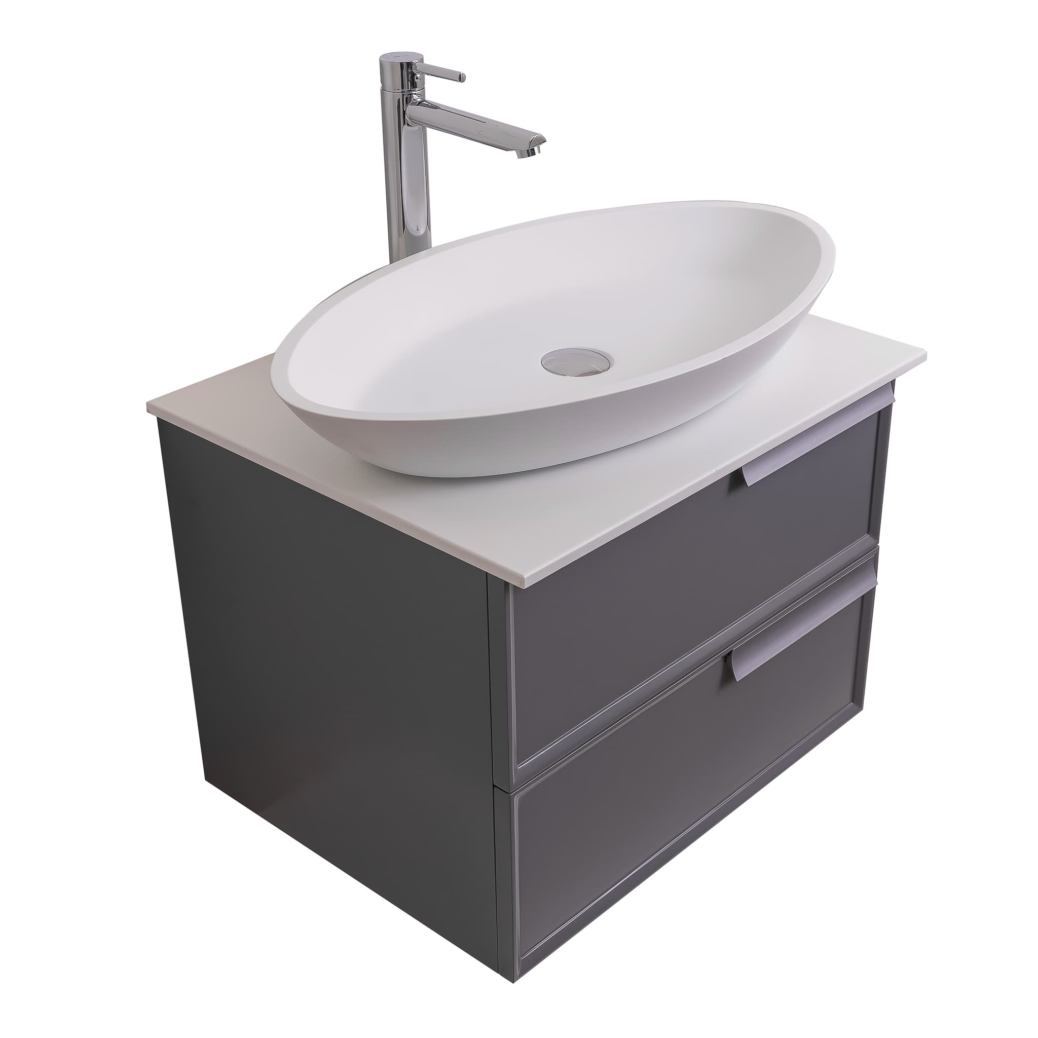 Garda 23.5 Matte Grey Cabinet, Solid Surface Flat White Counter and Oval Solid Surface White Basin 1305, Wall Mounted Modern Vanity Set