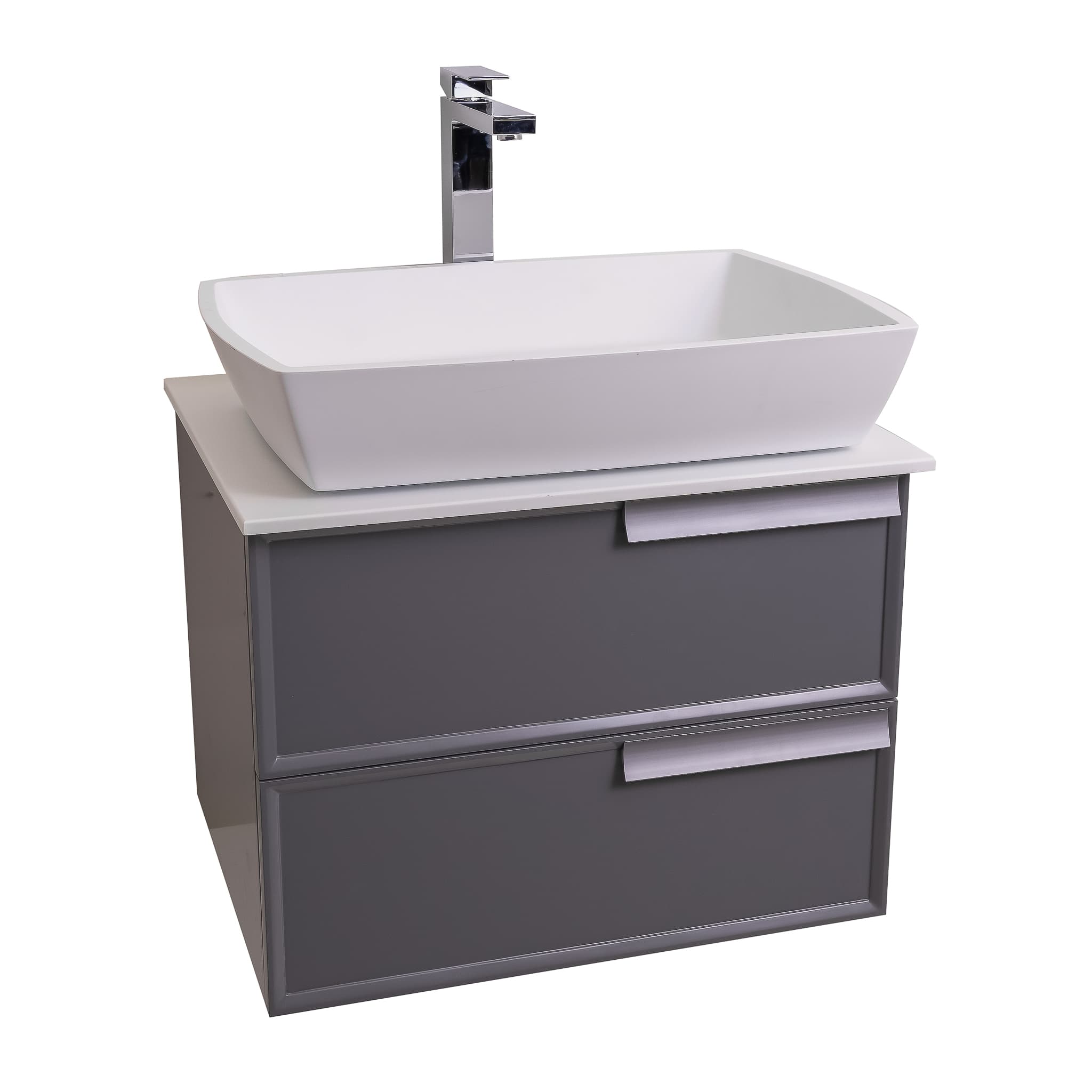 Garda 23.5 Matte Grey Cabinet, Solid Surface Flat White Counter and Square Solid Surface White Basin 1316, Wall Mounted Modern Vanity Set