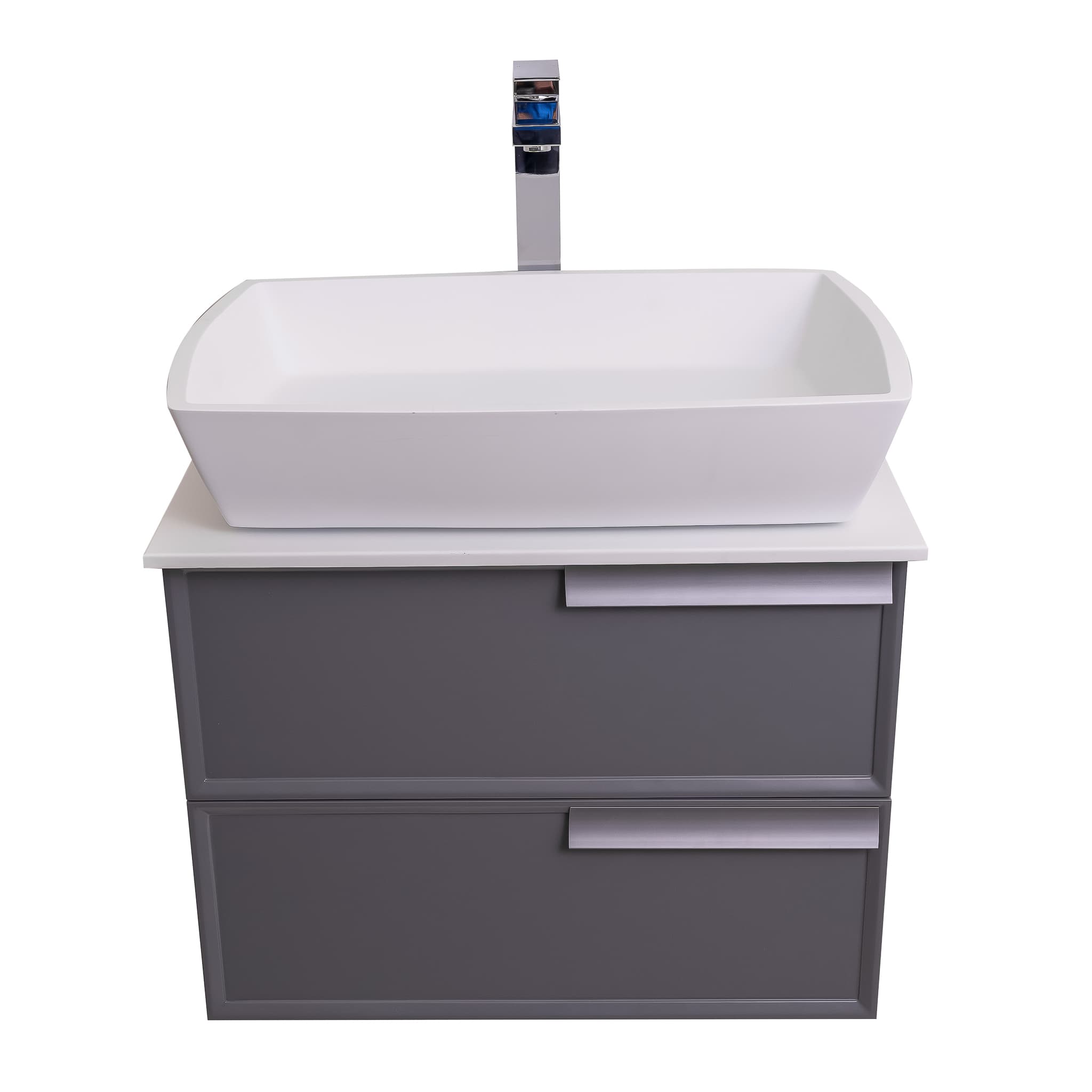 Garda 23.5 Matte Grey Cabinet, Solid Surface Flat White Counter and Square Solid Surface White Basin 1316, Wall Mounted Modern Vanity Set