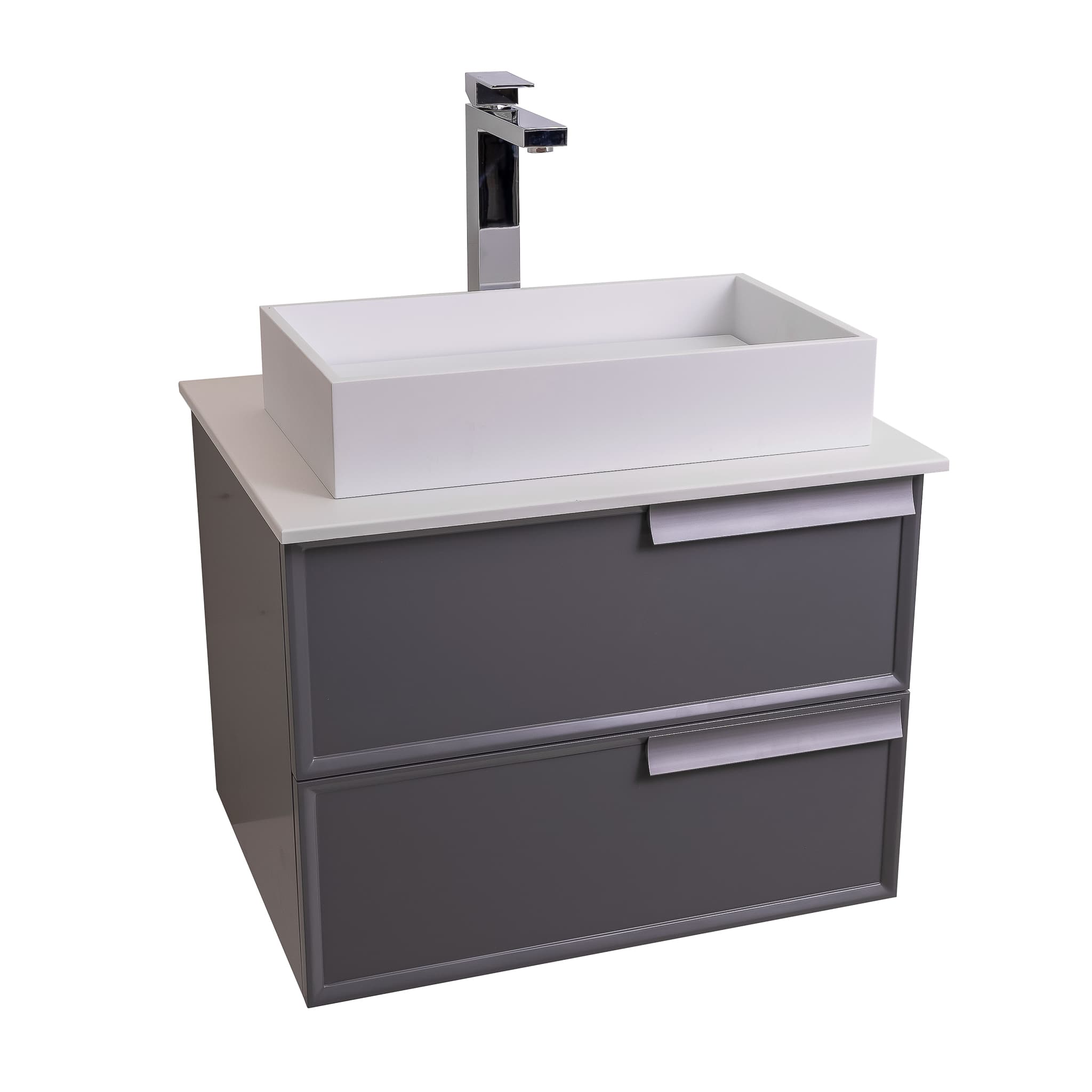 Garda 23.5 Matte Grey Cabinet, Solid Surface Flat White Counter and Infinity Square Solid Surface White Basin 1329, Wall Mounted Modern Vanity Set