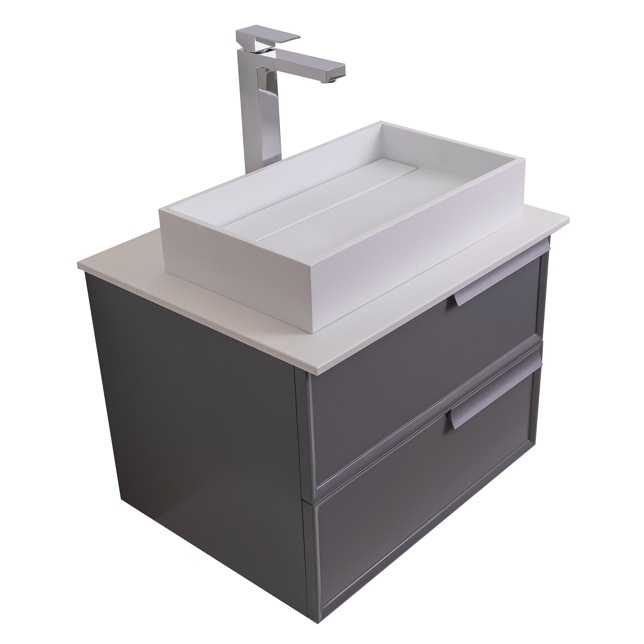 Garda 23.5 Matte Grey Cabinet, Solid Surface Flat White Counter and Infinity Square Solid Surface White Basin 1329, Wall Mounted Modern Vanity Set