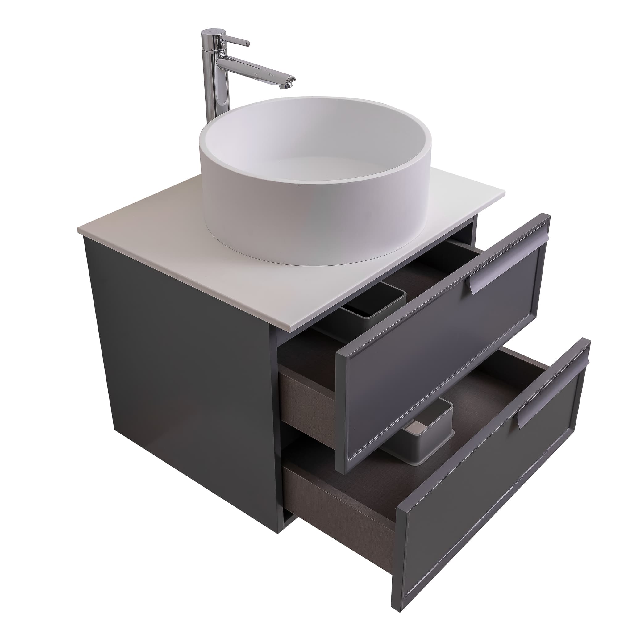 Garda 23.5 Matte Grey Cabinet, Solid Surface Flat White Counter and Round Solid Surface White Basin 1386, Wall Mounted Modern Vanity Set