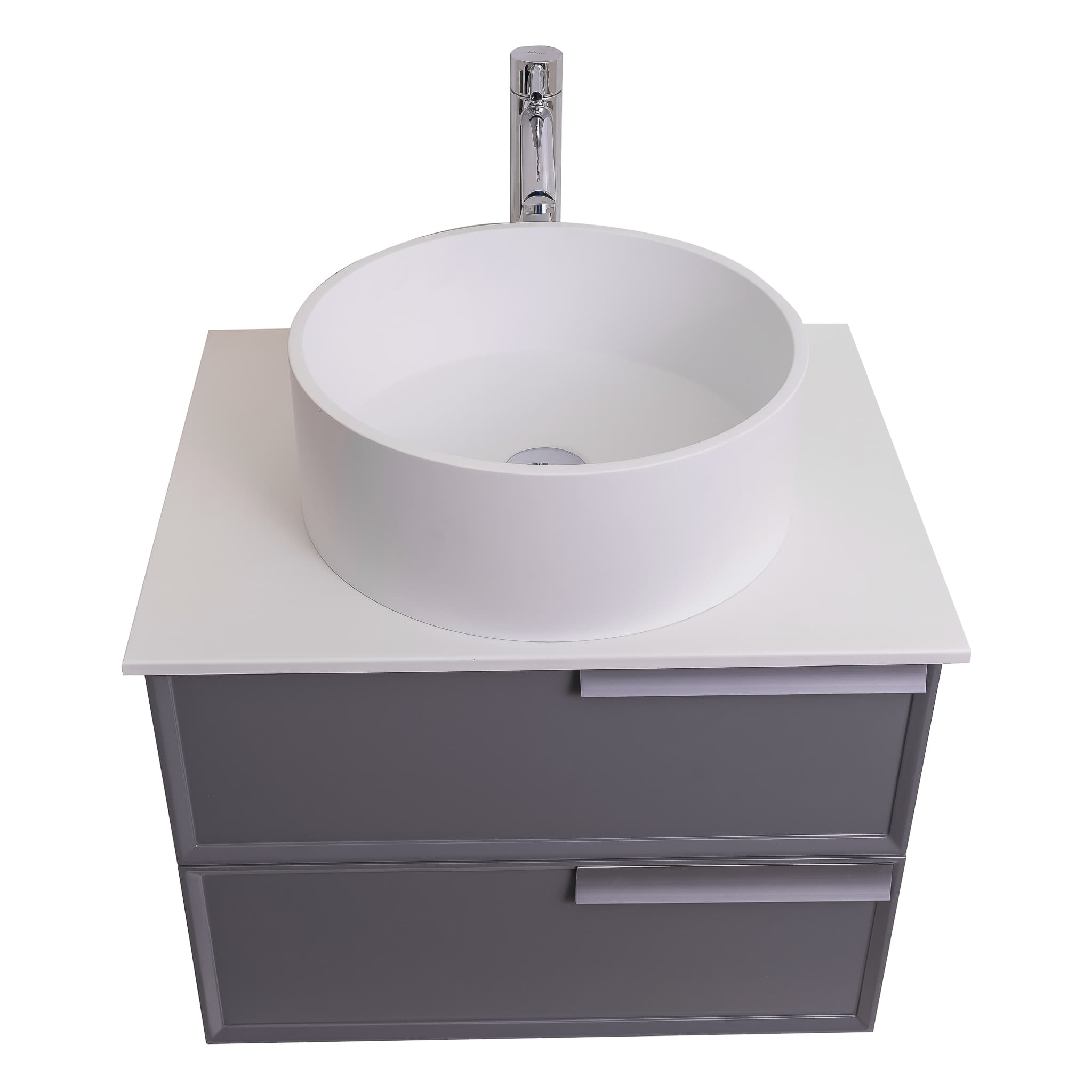 Garda 23.5 Matte Grey Cabinet, Solid Surface Flat White Counter and Round Solid Surface White Basin 1386, Wall Mounted Modern Vanity Set