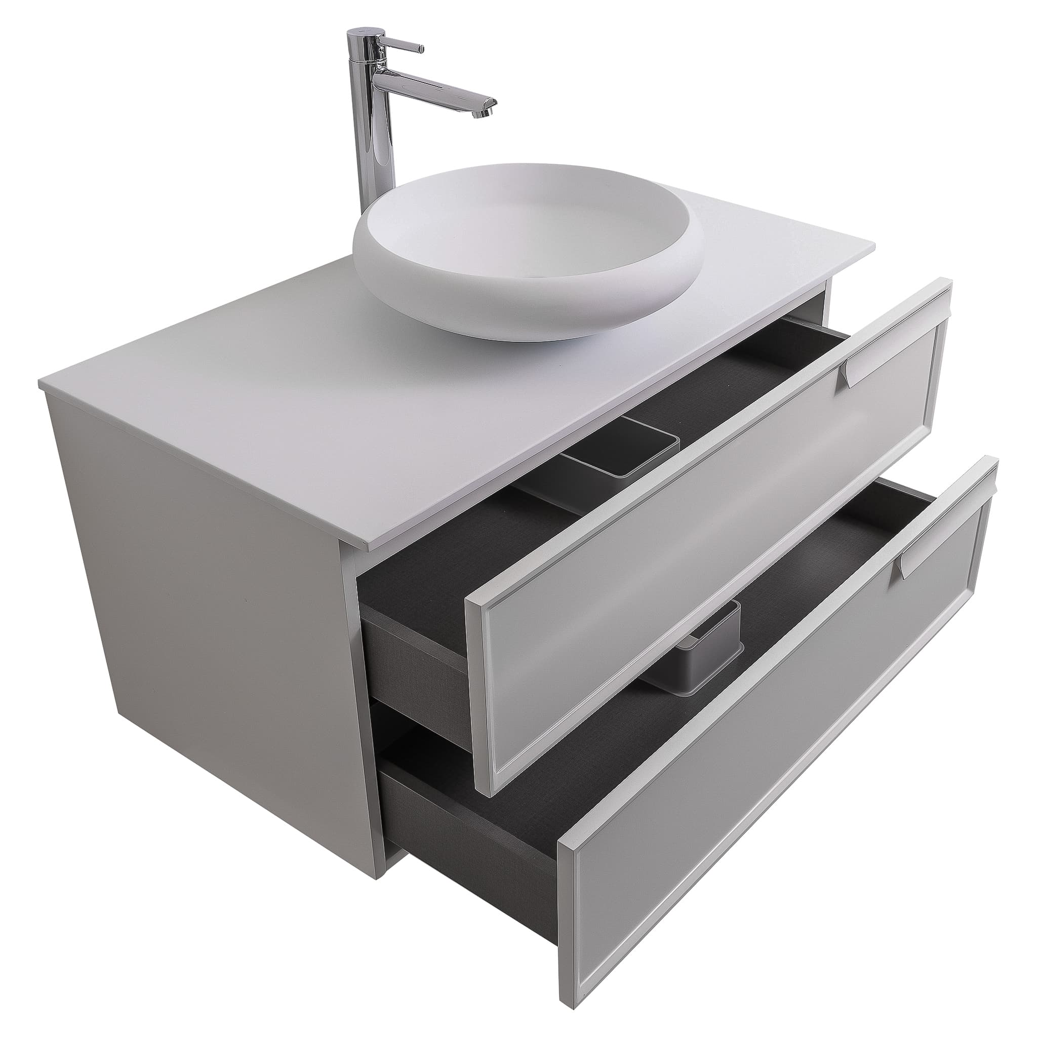Garda 31.5 Matte White Cabinet, Solid Surface Flat White Counter and Round Solid Surface White Basin 1153, Wall Mounted Modern Vanity Set