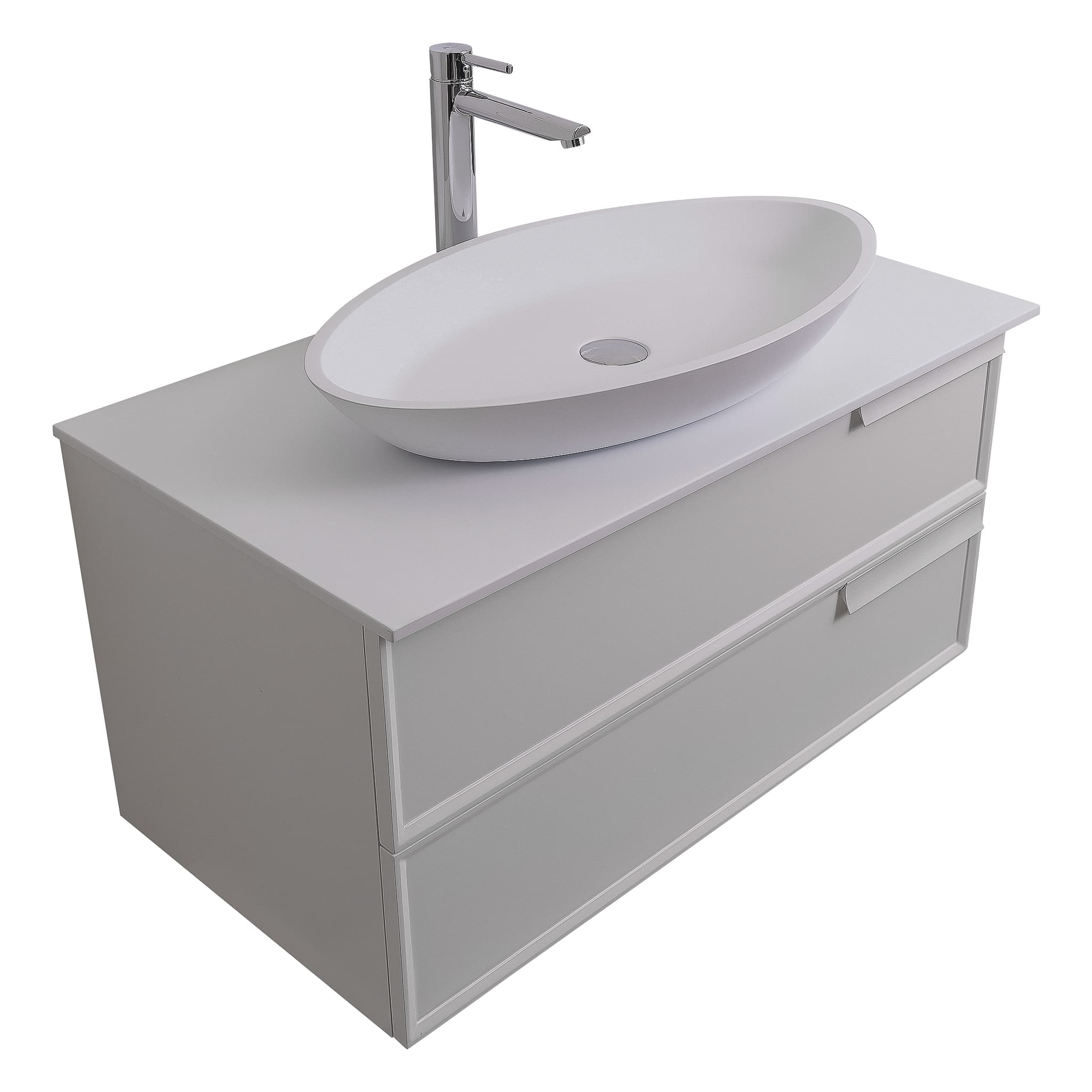 Garda 31.5 Matte White Cabinet, Solid Surface Flat White Counter and Oval Solid Surface White Basin 1305, Wall Mounted Modern Vanity Set
