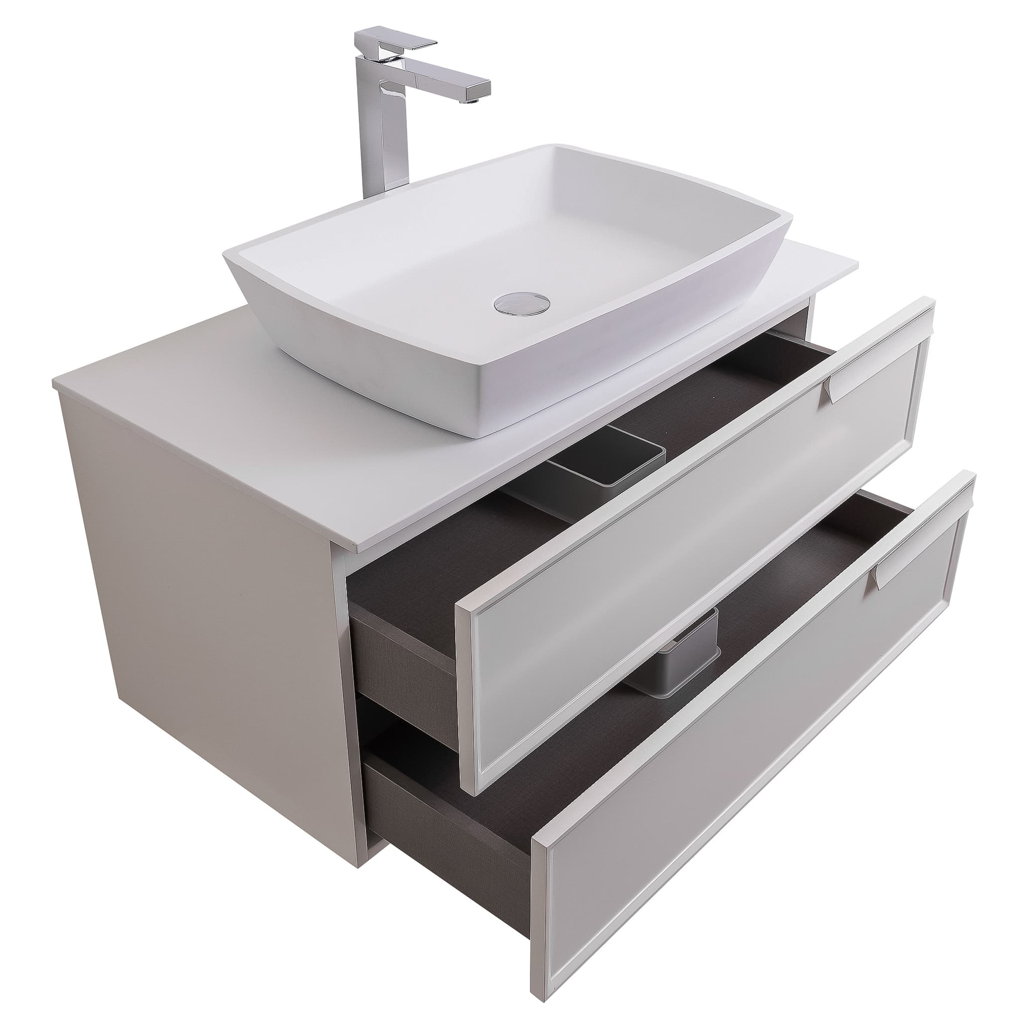 Garda 31.5 Matte White Cabinet, Solid Surface Flat White Counter and Square Solid Surface White Basin 1316, Wall Mounted Modern Vanity Set