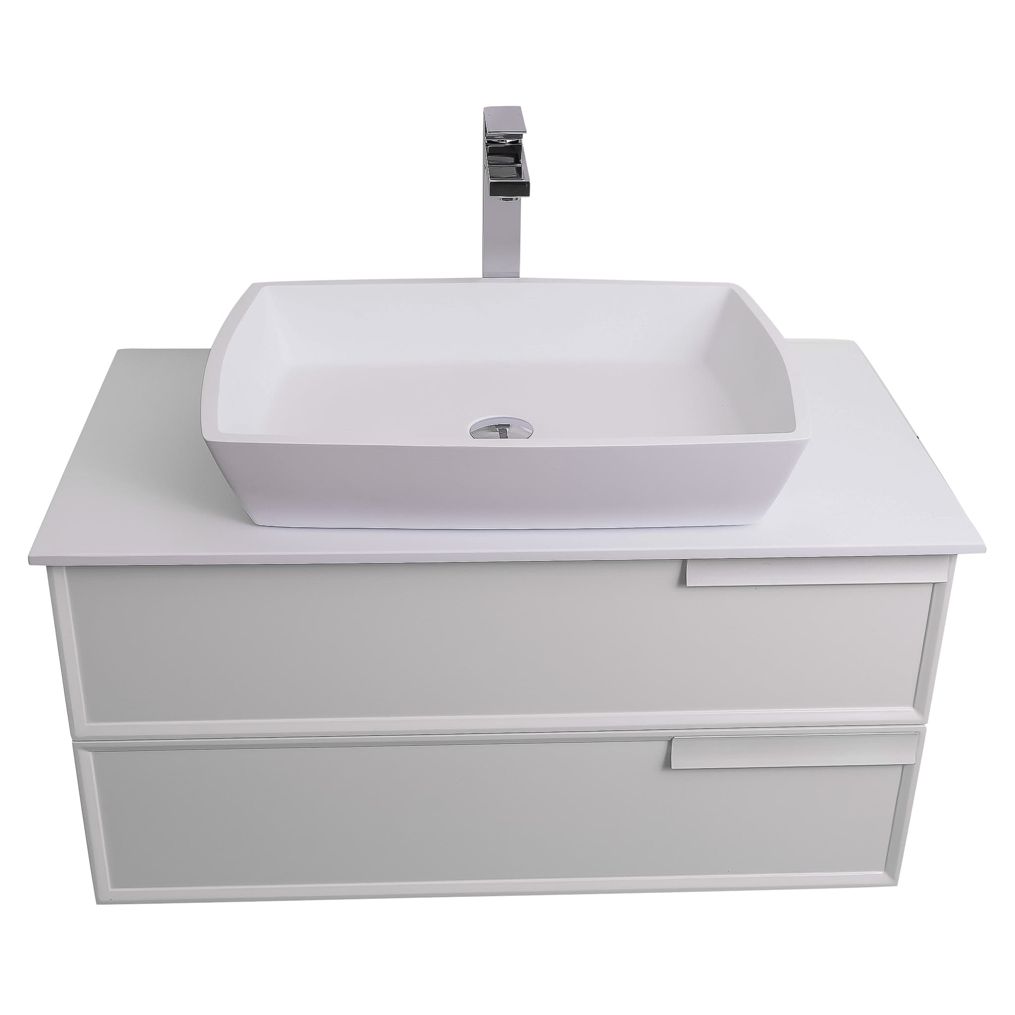 Garda 31.5 Matte White Cabinet, Solid Surface Flat White Counter and Square Solid Surface White Basin 1316, Wall Mounted Modern Vanity Set