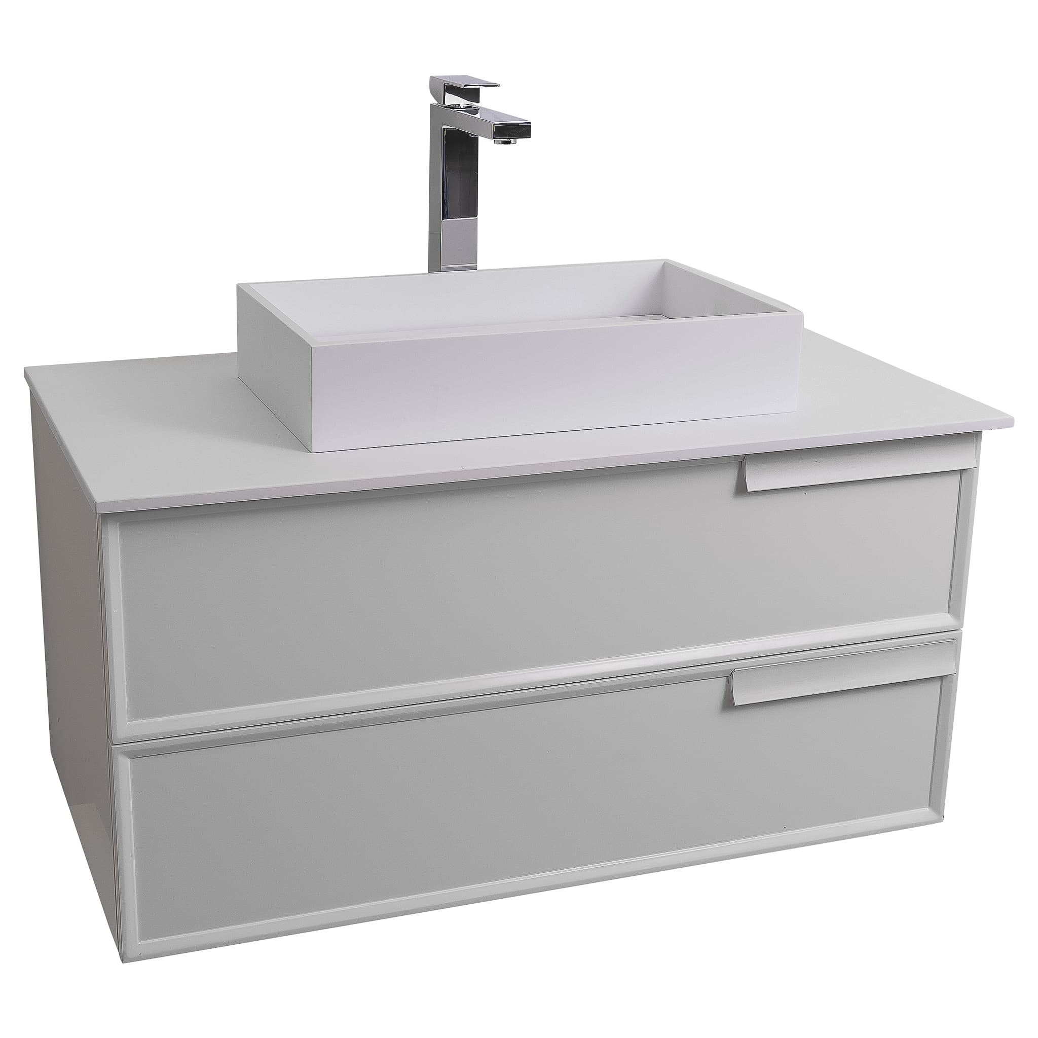 Garda 31.5 Matte White Cabinet, Solid Surface Flat White Counter and Infinity Square Solid Surface White Basin 1329, Wall Mounted Modern Vanity Set